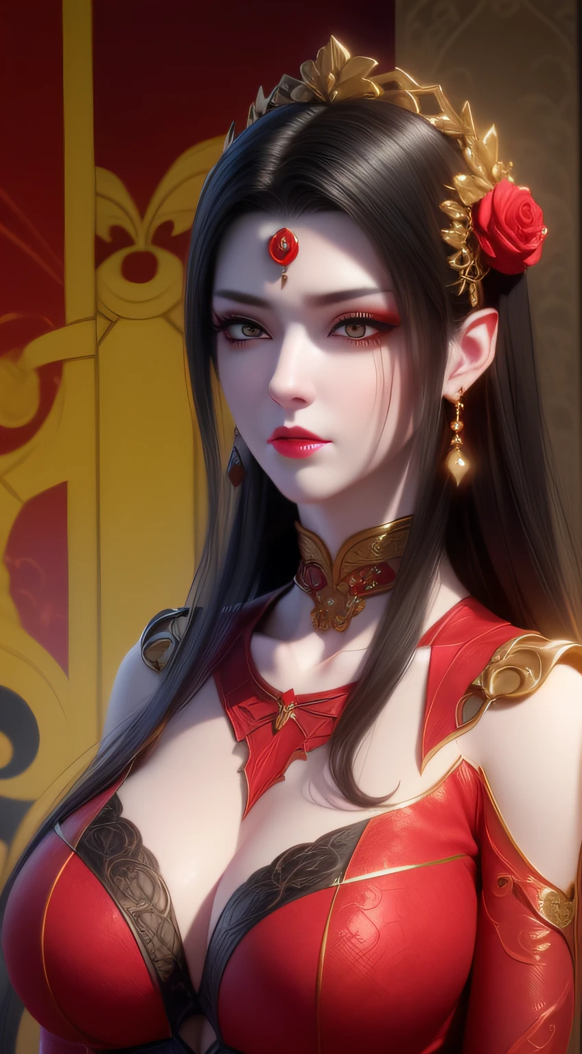 1 Very beautiful queen Medusa dressed in Hanfu, Thin red silk shirt,With many yellow patterns, Black lace top, Long hair dyed black, beautiful hair ornaments, Nice face beautiful and cute, Perfect face, Earring jewelry, Head and hair ornaments, Antique jewelry, Big red eyes, Sharp eye makeup, Fine makeup eyelashes, Thin eyebrows, High nose, Nice red lips, no smile, pursed lips, rosycheeks, Breast augmentation, Wide breasts, Big breasts, Well-proportioned breasts, Slim waist, Red mesh stockings with black lace, chinese hanfu style, Fictional art patterns, The colors are vivid and true to life, RAW photos, Realistic photos, ultra high quality 8k surreal photos, Cool photos, (Virtual light effects: 1.8), 10x pixel, Magic effects (Background): 1.8), Super detailed eyes, Beautiful girl body portrait, Girl Alone, ancient hanfu background, head straight-looking at viewer, Wide original photo, 8K quality, Super sharp, Detailed and clear pictures are best, Detailed light background,
