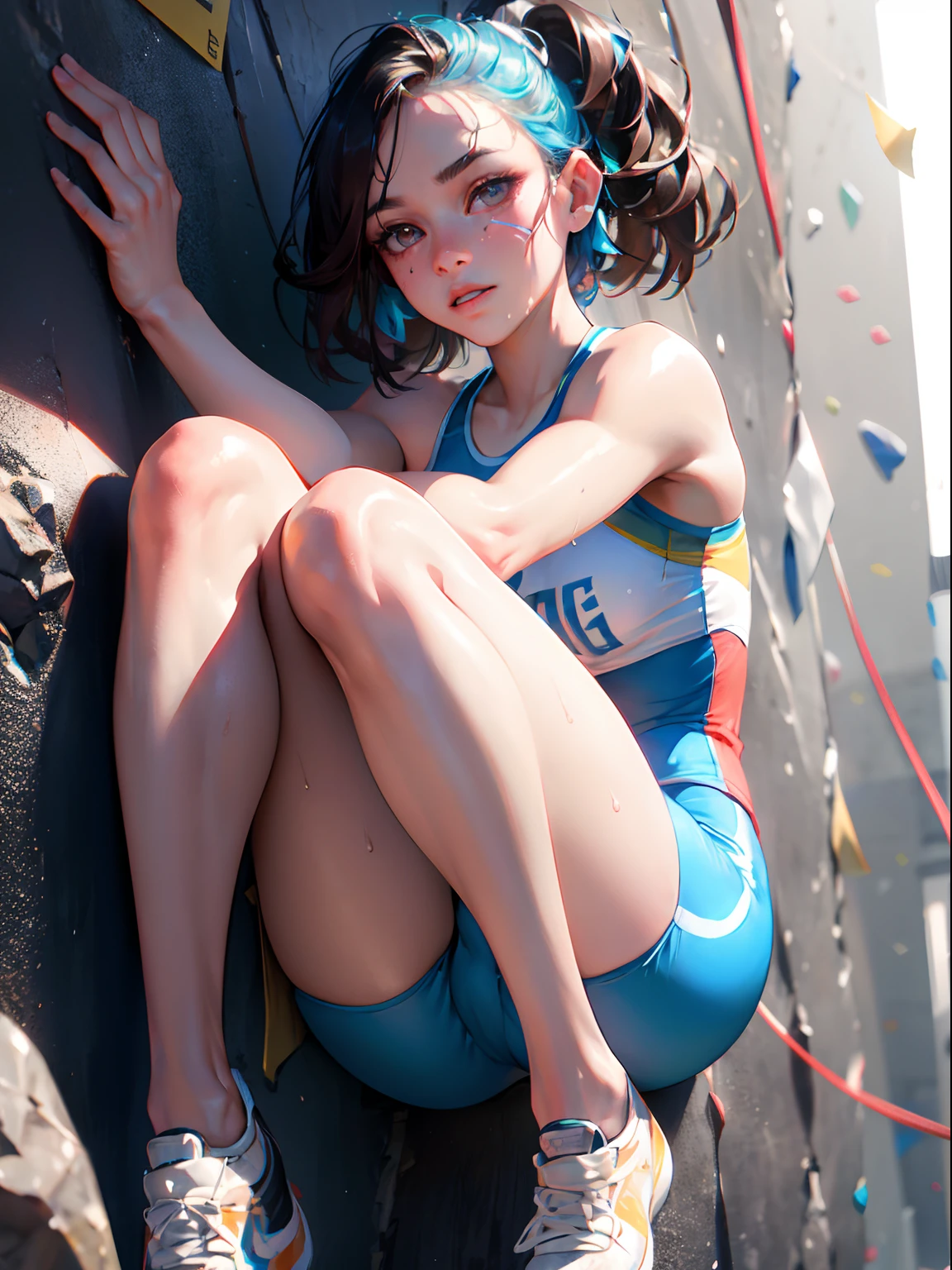 Best Quality, masutepiece, High resolution, (Photorealistic:1.4), Raw photo, 1 beautiful girl ,Dynamic Angle,Female sports climbing athlete,small head, Glowing skin, Sweat,At the sports climbing venue,(Detailed beautiful face:1.4),detailed skins,Detailed eyes,detailed hairs,Cool,Beautiful,nice legs,