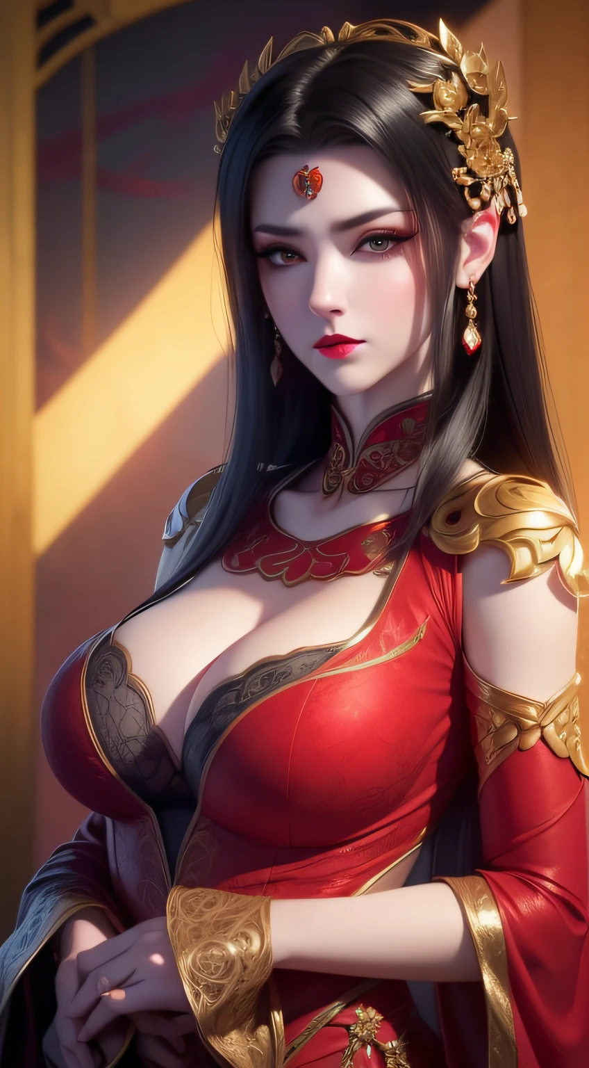 1 Very beautiful queen Medusa dressed in Hanfu, Thin red silk shirt,With many yellow patterns, Black lace top, Long hair dyed black, beautiful hair ornaments, Nice face beautiful and cute, Perfect face, Earring jewelry, Head and hair ornaments, Antique jewelry, Big red eyes, Sharp eye makeup, Fine makeup eyelashes, Thin eyebrows, High nose, Nice red lips, no smile, pursed lips, rosycheeks, Breast augmentation, Wide breasts, Big breasts, Well-proportioned breasts, Slim waist, Red mesh stockings with black lace, chinese hanfu style, Fictional art patterns, The colors are vivid and true to life, RAW photos, Realistic photos, ultra high quality 8k surreal photos, Cool photos, (Virtual light effects: 1.8), 10x pixel, Magic effects (Background): 1.8), Super detailed eyes, Beautiful girl body portrait, Girl Alone, ancient hanfu background, head straight-looking at viewer, Wide original photo, 8K quality, Super sharp, Detailed and clear pictures are best, Detailed light background,