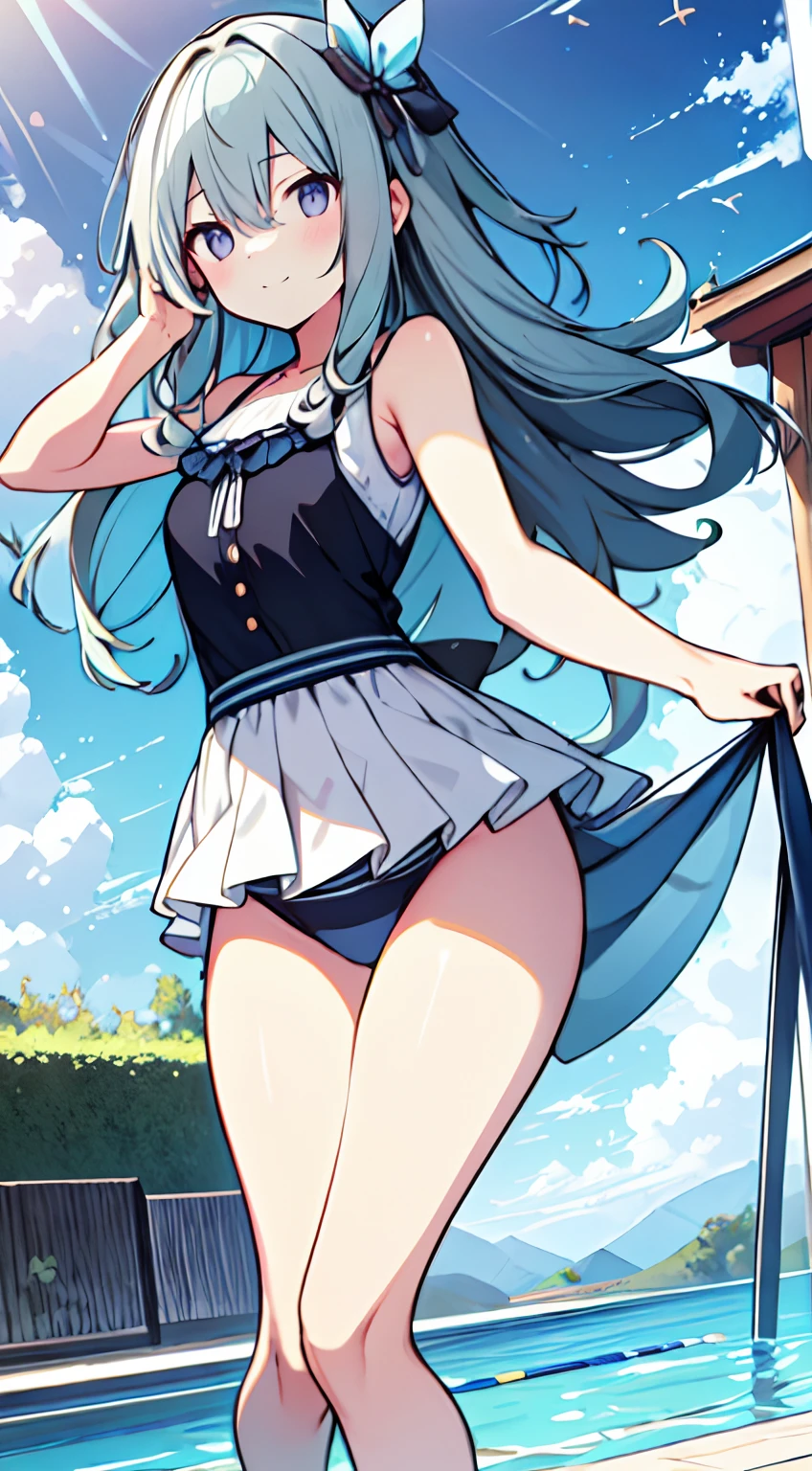 masuter piece, Best Quality,32K、Wallpaper, ultra -detail, Absurd beauty, 1beautiful girl、Big crisp eyes、Hair fluttering in the wind、Slender legs、Smaller head、miscievous smile、Angle looking down from above:1.3、♡♡♡、(Poses in motion)、The bikini、swimming pools:1.3、ample breasts