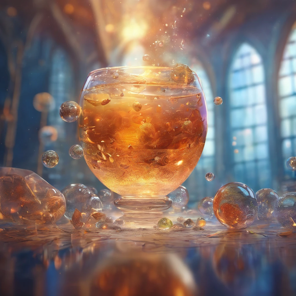 In a glass cup, a futuristic space is depicted where numerous crystal balls are floating in the air. The depiction of the balls is highly realistic and detailed, with dramatic lighting effects. The image is of the highest quality, with a resolution of 4K and ultra-detailed rendering. The composition is perfectly balanced and enhanced with beautiful and intricate elements, creating a complex and visually captivating scene. The artwork is popular among art enthusiasts for its detailed depiction and the use of ink and pen. Additionally, it is also highly sought after in the art community for its 8K art photography, realistic conceptual art, and the presence of soft and natural volumetric lighting that gives it a cinematic touch.