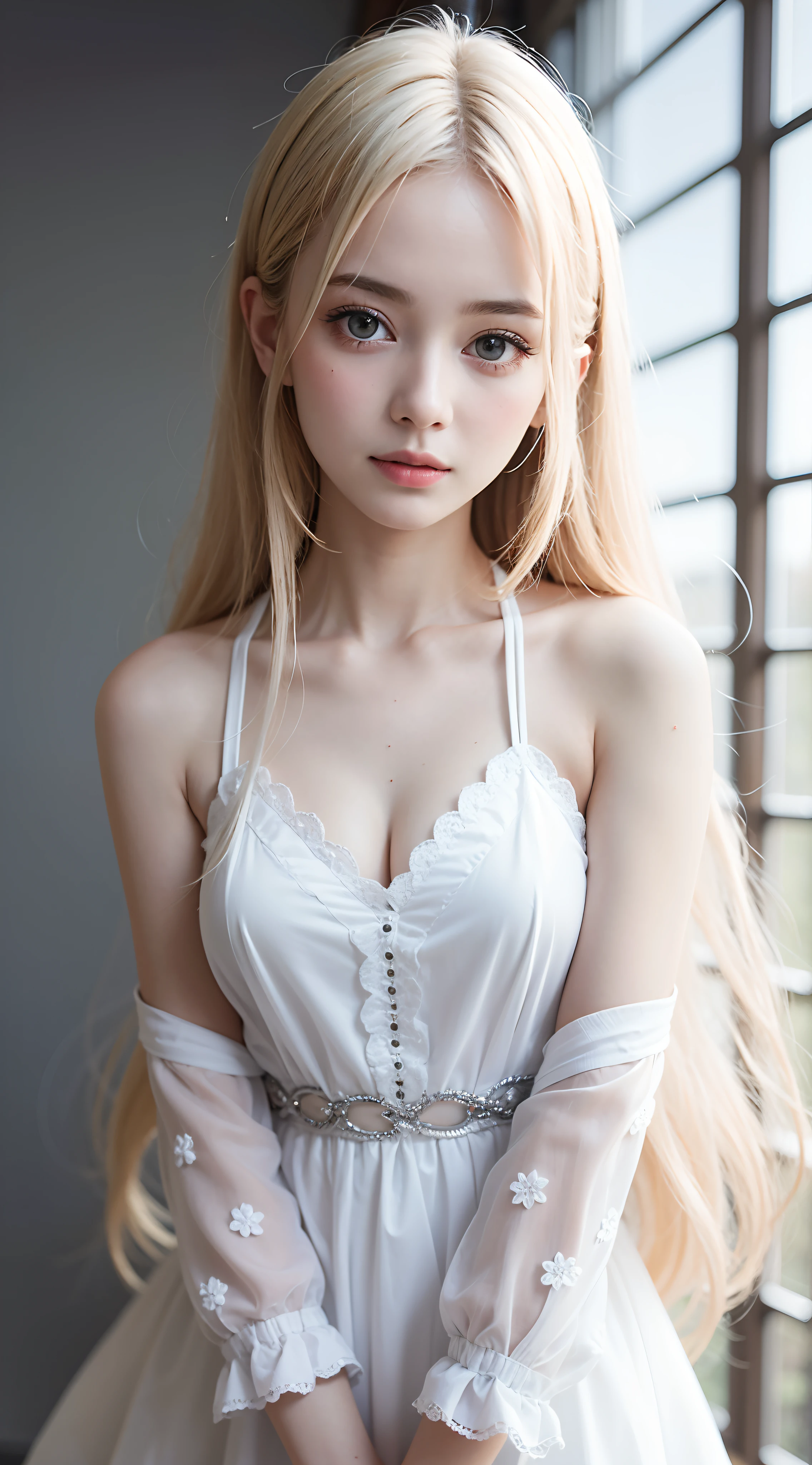 Raw photography、(((Portrait of extreme beauty)))、((Glowing white beautiful skin))、女の子1人、a 、18-year-old cute beautiful girl、((shiny bright platinum blonde hair))、Cute clothes、Hair hanging on the face、[attractive whitish light blue eyes,]、Super Long Straight Silky Hair、eye liner、Beautiful bangs、Hair between the eyes、Fluttering hair、A smile、((​masterpiece、top-quality、ultra-detailliert、Film Light、intricate-detail、hight resolution、8K、ighly detailed))、细致背景、8K UHD、Digital SLR、Soft light、hightquality、FujifilmXT3 、Shallow depth of field、natural soft light、（perfect hand）、Perfect beautiful face、beutiful breast、No underwear