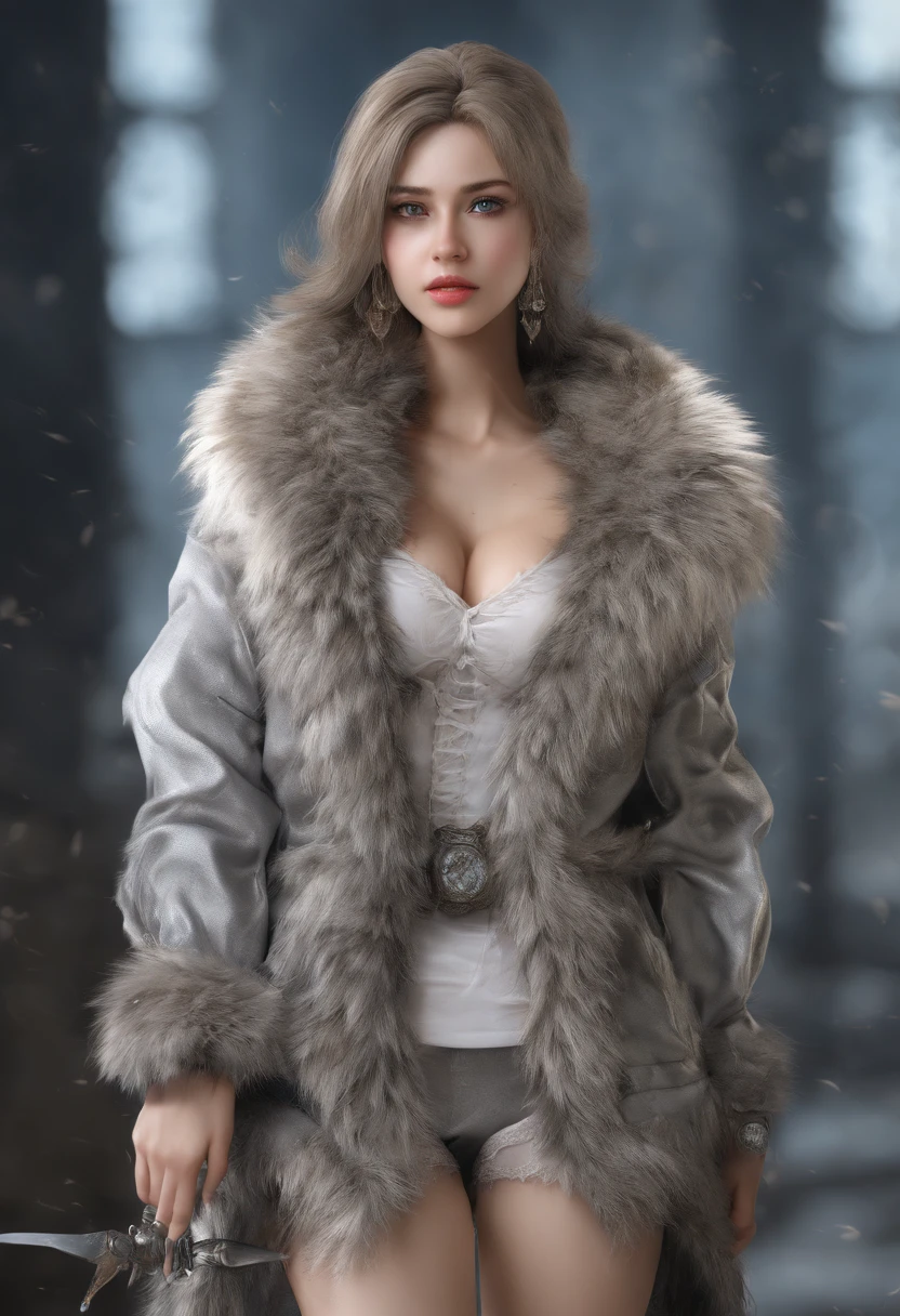 (Masterpiece, Best quality, Photorealistic:1.4), (1 girl in a fur coat and armor), , Exposed flesh, long hair, gray hair,, Highly detailed eyes and pupils, Highly detailed fur coat, Realistic skin, Perfect body, Large breasts, Full body shot, a matural female, cleavage, Delicate sexy face, Inductive gas, shiny lip, En plein air, ((Realistic, Super realistic, Realism, realistic detail))