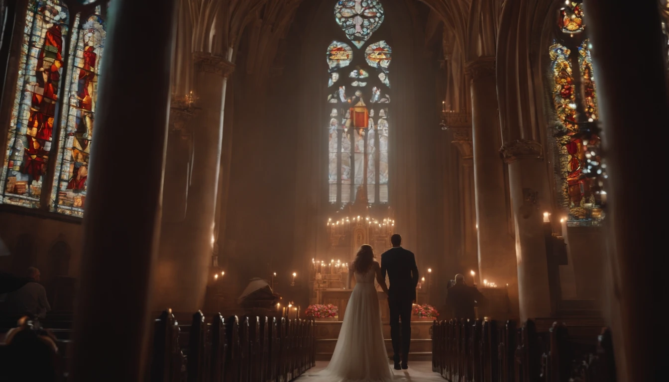 um casal orando juntos na igreja, ultra-realismo, 4k, cinemactic, detalhes intrincados