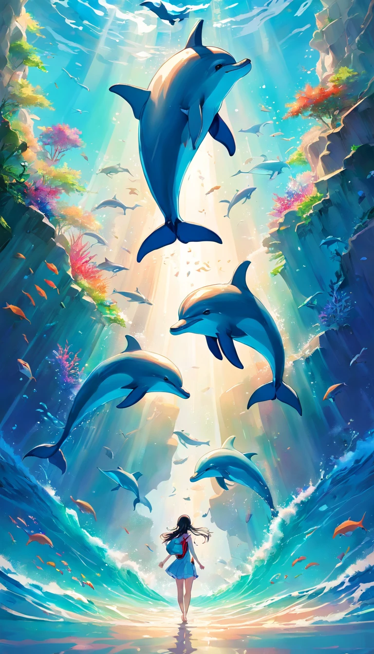 Drawing of dolphins swimming in colorful sea, Look up at the composition,sky whales, inspired by Cyril Rolando, dreamy psychedelic anime, colorful anime movie background, a beautiful artwork illustration, Authors:Sitao, colorful concept art, makoto shinkai cyril rolando, in style of cyril rolando, flying whales, High Definition Watercolor 8K, highly detailed watercolor 8 K,octane,Fine,Realistic,8K,Shinkai Makoto style( Reasonable design, Clear lines, High Sharpness,Best Quality, Very detailed, masutepiece, Movie Light Effects, 4K )