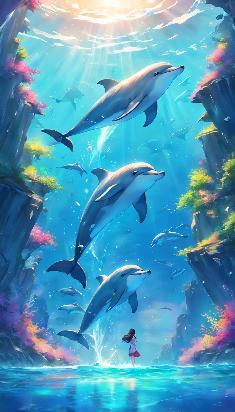 Drawing of dolphins swimming in colorful sea, Look up at the composition，sky whales, inspired by Cyril Rolando, dreamy psychedelic anime, colorful anime movie background, a beautiful artwork illustration, Authors：Sitao, colorful concept art, makoto shinkai cyril rolando, in style of cyril rolando, flying whales, High Definition Watercolor 8K, highly detailed watercolor 8 K，octane，Fine，Realistic，8K，Shinkai Makoto style( Reasonable design, Clear lines, High Sharpness,Best Quality, Very detailed, masutepiece, Movie Light Effects, 4K )