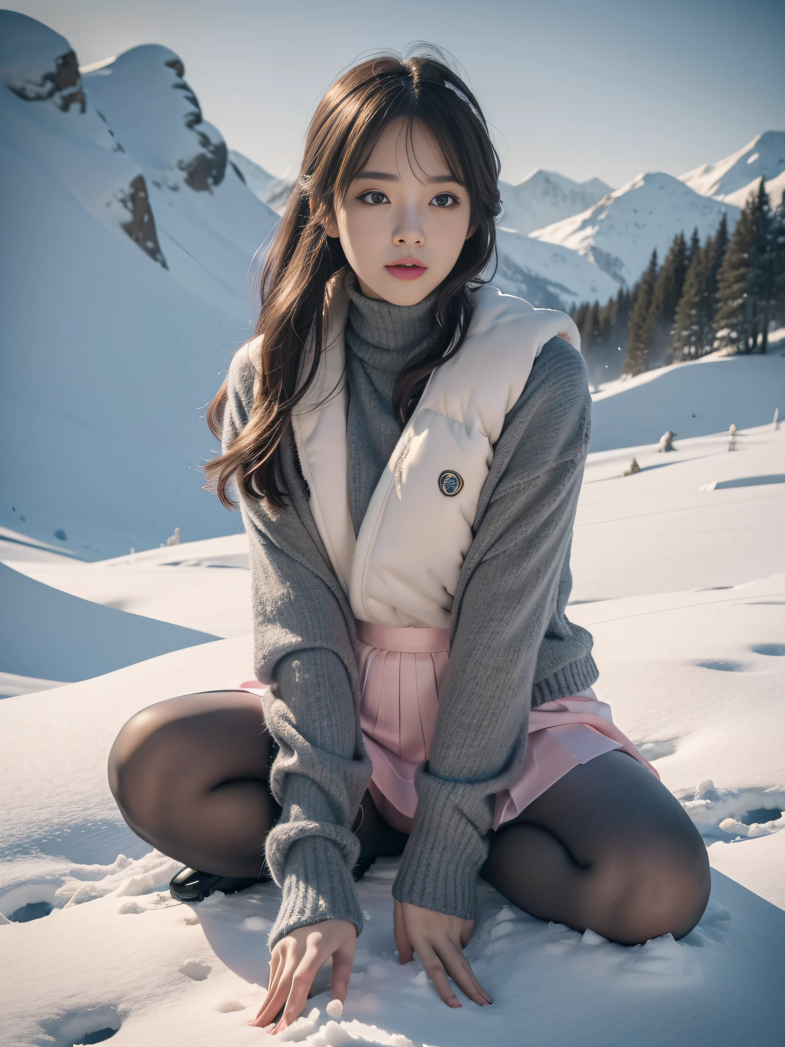 1womanl、(Super beautiful)、(beauitful face:1.7)、(A detailed face)、(skiing:1.6)、(Wearing a miniskirt:1.2)、(Fall and open your legs:1.4)、(I can see panties:1.1)、(white panties:1.1)、(Dressing)、(a ski)、(At SFW:1.5)