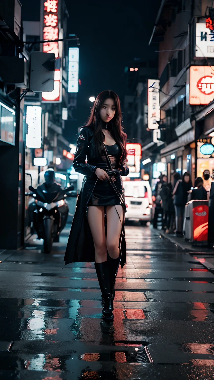 (((NSFW0.7))),Better Quality, Realist, Award-Winning Illustration, (Intricate details: 1.2), (Fine Detail), (Intricate details), (Cininatic Lights, Better Quality Backlight), Crisp Lines, Sharp focus, Official Art, unity wallpaper 8k, Absurd, unbelievably Absurd, Huge file sizes, Ultra- (in_main_two:1.21), (Neon lamp), Fantasy art, RTX,((triangle closeup photo by award winning studio )), 1 girl, so beautiful, (run away), small , ((two da cidade cyberpunk, Valkyrie)), Perfect hands, Beautiful and fine details, Perfect Face, (Cyberpunk Blouse, Jacket, Martin boots) ,((Pleated skirt) ), ((Supermodel posture)),((Big Breasts)),(See through)