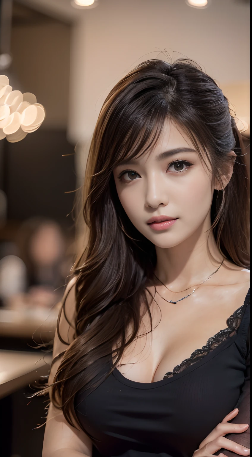 Masterpiece, Best quality, Photorealistic, Ultra-detailed, finedetail, high resolution, 8K wallpaper, 1 beautiful woman, Wear casual business attire, In excellent restaurant, At night, Light brown messy hair, Perfect dynamic composition, Beautiful detailed eyes