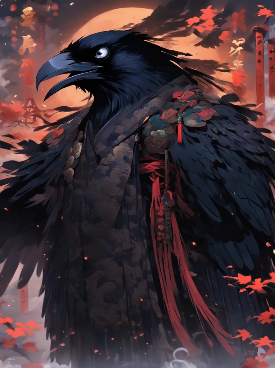 Raven Tengu, traditional japanese concept art,Chinese mythology,(Anthropomorphic crows),Black wings,nigh sky,With a spear in his hand