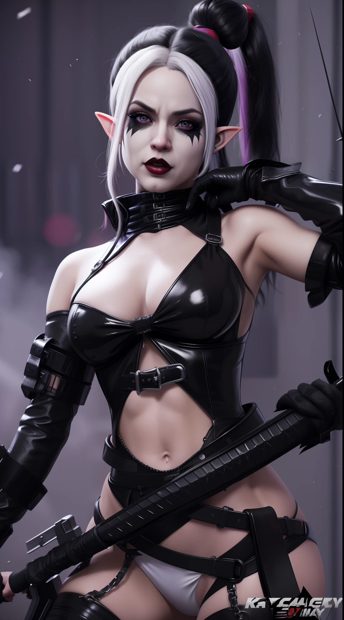 Un primer plano de una mujer con un traje negro sosteniendo una pistola, Canario Negro, cosplay en Black Harley Queen, Katanas atadas a su espalda, Renderizado en SFM, pose amenazante, Harley Quinn, V de Devil May Cry As an Elf, Retrato Ninja Gaiden Chica, Harley Queen, goth cybersuit, 2 b, 2b, Pose ruda, Captura de pantalla HD