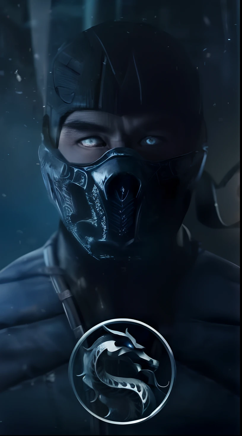(best quality,4k,Altas,master part:1.2),A man wearing a mask and blue hood, with a dragon emblem, Mist coming out of the mask, Personagem de Mortal Kombat, menacingly, cara azul, Sub-Zero, hiper-detalhado, hiper-realista, fundo escuro, Sombras finas, atmosfera gelada