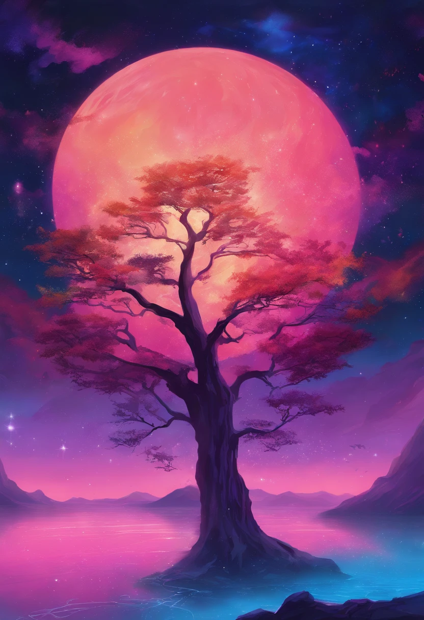 /imagine prompt: Midnight Arboreal Majesty, symbolism, acrylic painting, cosmic, wonder, synthwave:: t-shirt vector, center composition graphic design, plain background::2 mockup::-2 --upbeta --ar 1:1