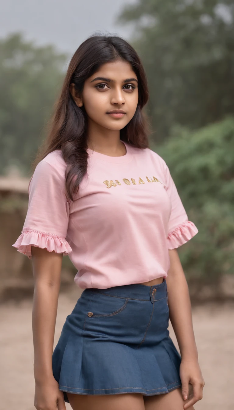 portrait of an young Indian school girl, 18-year-old in a design pink t shirt gold letters on it, and hot cotton short frill skirt,, big round boobies,