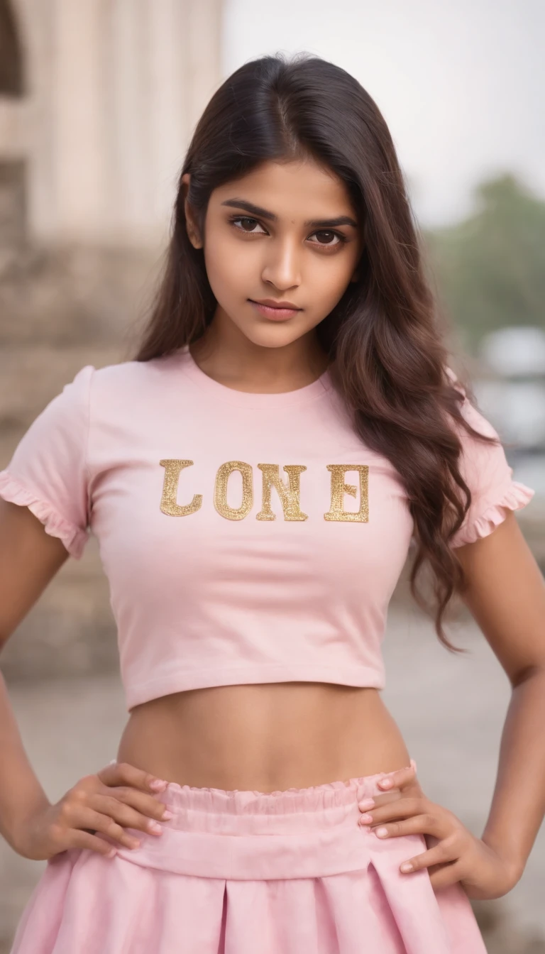 portrait of an young Indian school girl, 18-year-old in a design pink t shirt gold letters on it, and hot cotton short frill skirt,, big round boobies,