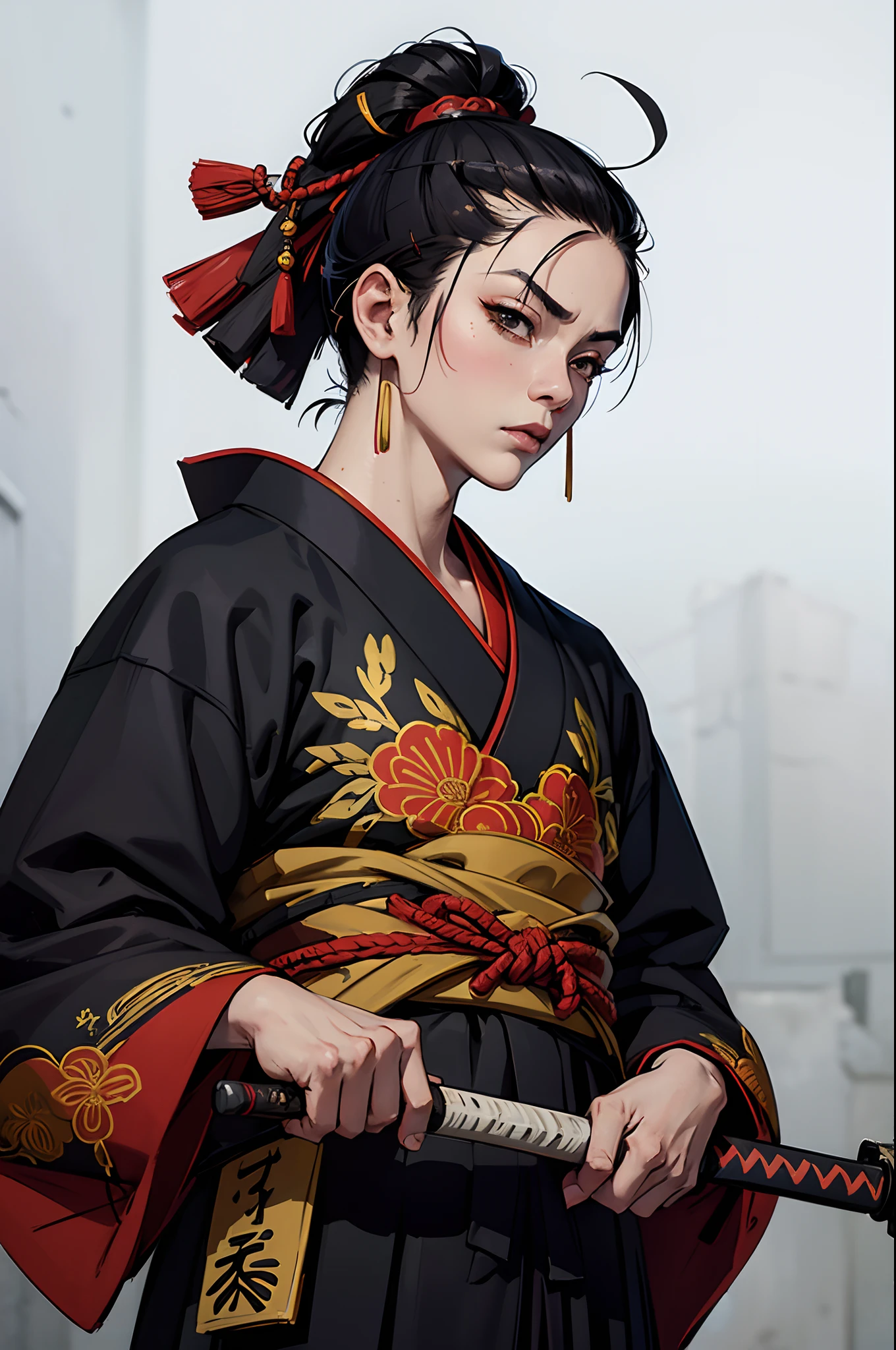 a detailed, photorealistic, hip-hop style streetwear, saggy, bape, stussy, wuxia hanfu, traditional Chinese costume, traditional Japanese garment, Japanese symbols, Japanese culture, carefully paired, hakama, grunge dark colors, dynamic poses, urban backdrop, graffiti art, low lighting, contrast, gritty elements, traditional meets modern, street fashion, bold patterns, unique hairstyles, confident expressions, samurai sword