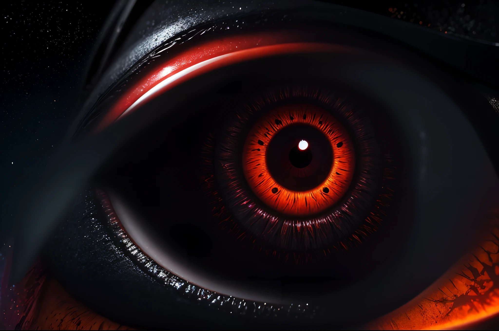 A giant malefic eye with vertical pupil, ultra detailed realistic iris in red to orange, in the middle of a galaxy, black background, surrealistic, nightmare, whimsical, dynamic, highly detailed.