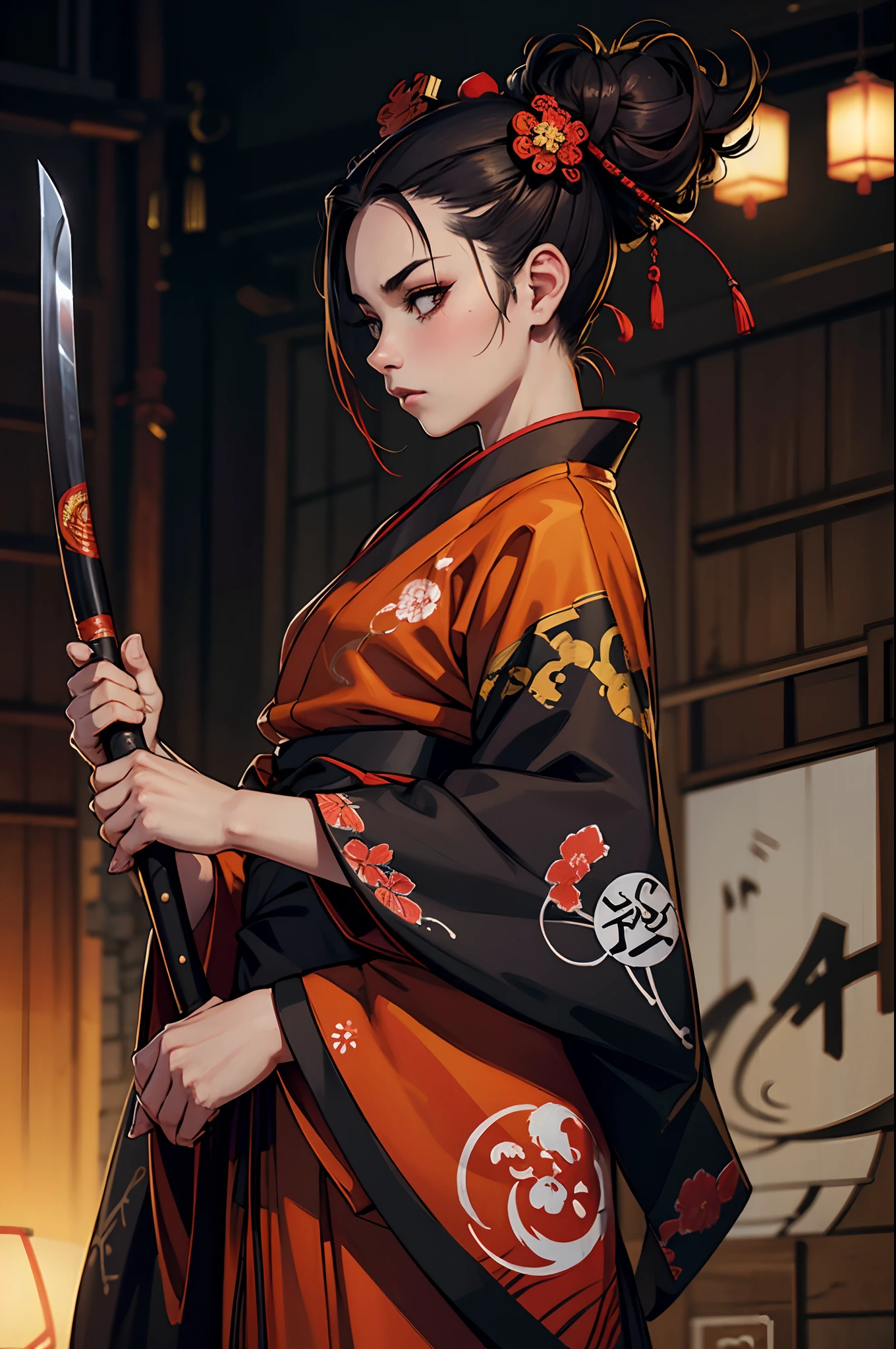 a detailed, photorealistic, hip-hop style streetwear, saggy, bape, stussy, wuxia hanfu, traditional Chinese costume, traditional Japanese garment, Japanese symbols, Japanese culture, carefully paired, hakama, grunge dark colors, dynamic poses, urban backdrop, graffiti art, low lighting, contrast, gritty elements, traditional meets modern, street fashion, bold patterns, unique hairstyles, confident expressions, samurai sword
