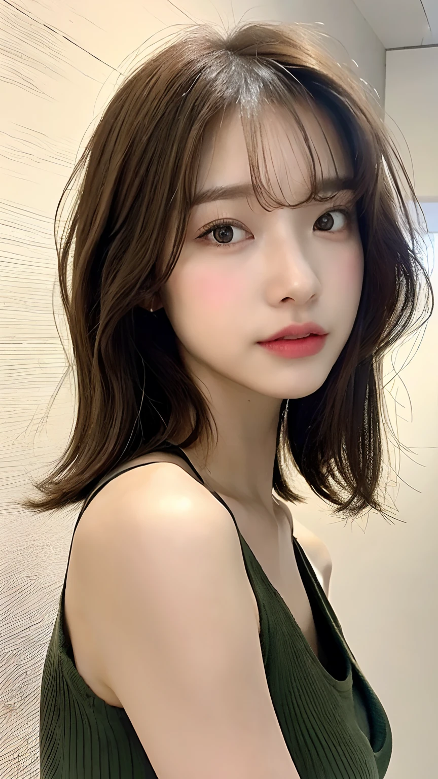 (realisitic、hight resolution:1.3)、1 girl with a perfect figure、Super thin face and eyes、shorth hair、Tank Tops:1 in random color.2、Short jeans、in a cafe、1. Character: A woman in her 20s.
2. Hairstyle: Short bob hair that bounces outward, reaching shoulder length. Hair color is a natural beige. Thin, wispy bangs framing her forehead, with the hair around her face styled inward.
3. Outfit: Wearing a one-piece dress.
4. Background: White wallpaper.
5. Image Quality: High-resolution 8k.
6. Appearance: Fair-skinned Japanese woman with a beautiful and elegant appearance.