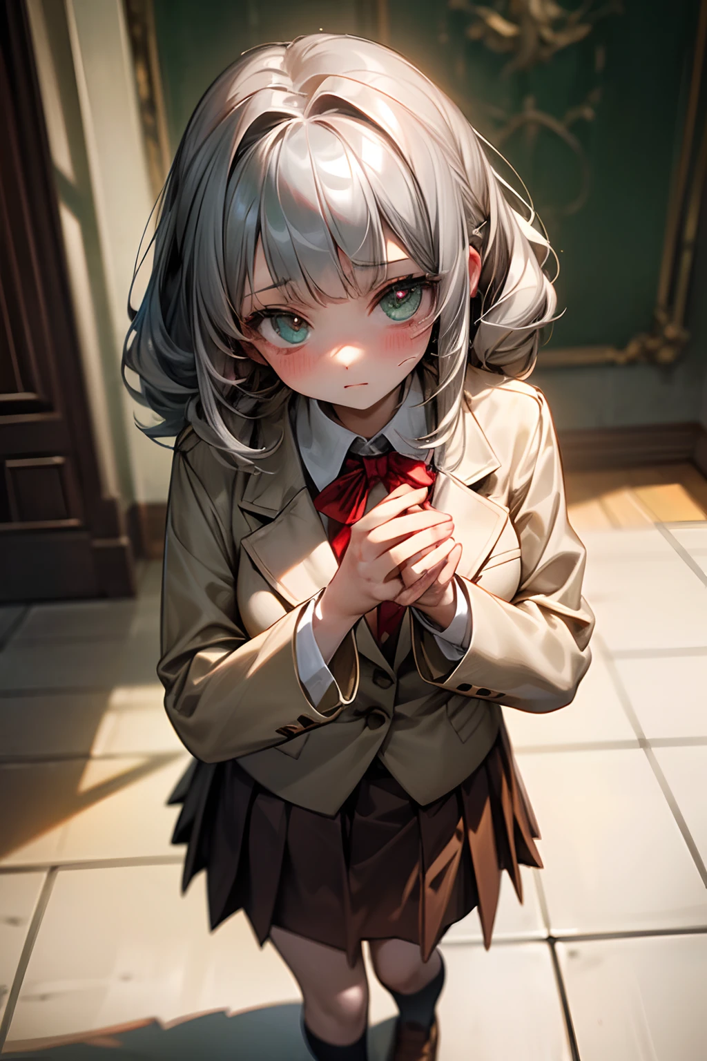 ((Masterpiece)), (Professional Photography:1.2), (High Definition:1.3), from above, best quality, 8K, Textured skin, cinematic lighting, (1girl), short stature, ((cute teenage young girl)), (scary standing), on the road to summerday, (very blunt bangs, slightly loose curls hair, breasts length hair, high details of pale silver hair), very blush face, (cute green eyes), drooping eyes, slender waist, (pale Ivory color blazer student's uniform, white blouse), put on red string ribbon, (brown skirt)