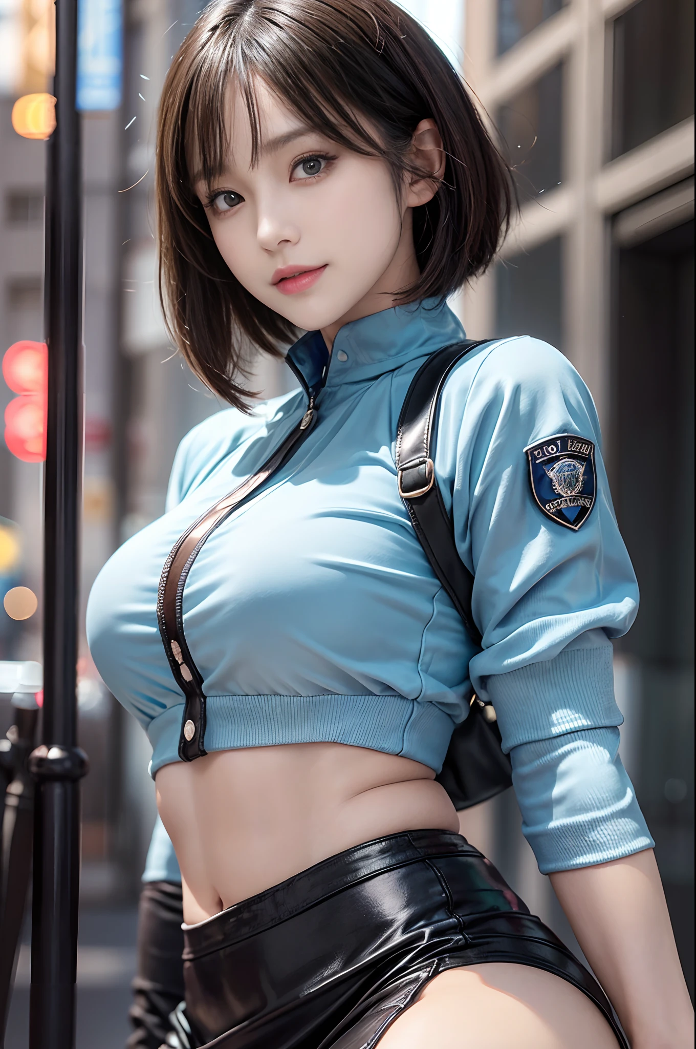 (1 policewoman), Extremely beautiful and mature, com rosto detalhado, Detailed eyes, Double eyelids, Detail lips, Short brunette hair, (Light blue fancy top), (Black skinny mini skirt), light  smile, thighs thighs thighs thighs, (Cowboy shot), Depth of field, Perfect litthing, (Photorealsitic:1.4), (ultra - detailed), (top-quality), (Best shadows), (tmasterpiece), 超高分辨率, Background with: (tokyo city)