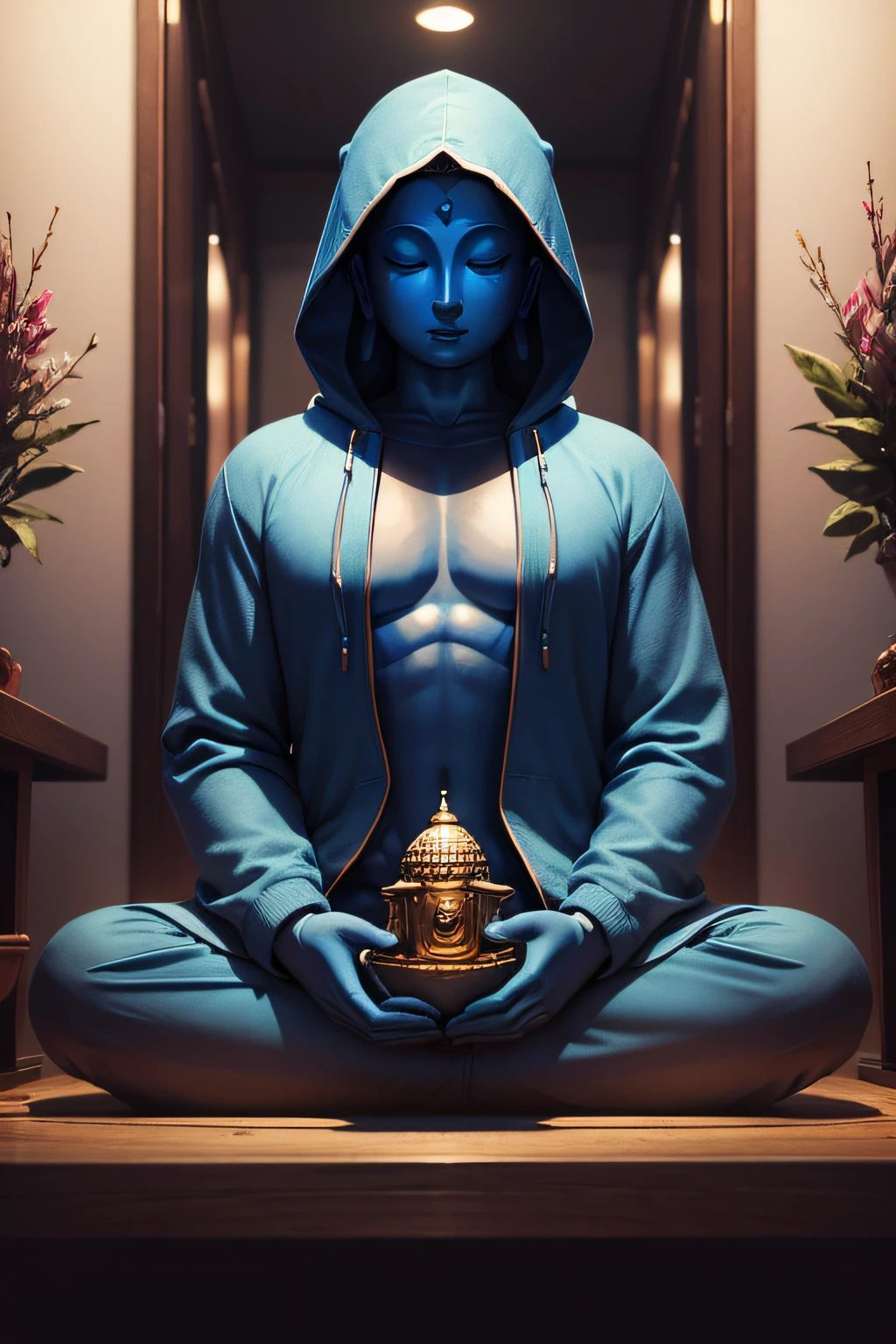 There is a blue Buddha statue facing the front and wearing a hoodie hood,Buddha, the buddha, buddhism, beautiful image,Buddha,Buddha