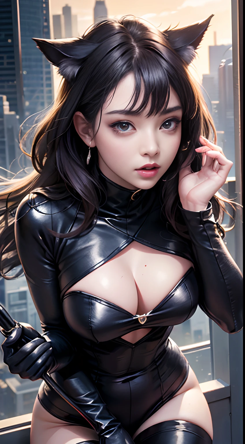 （realisticlying：1.2），（hentail realism），（tmasterpiece：1.2），（best qualtiy），（Hyper-detailing），（8K，4K，复杂），（full body shot shot：1），（85mm），Particle light，illuminating，（high detal：1.2），（Detailed face：1.2），largeeyes，beautiful goddess woman，putting makeup on，s the perfect face，Perfect lighting，1girll，DC Super Hero Movie，Catwoman in Batman，neko girl，brunette color hair，Catwoman Selina Kyle，short detailed hair，Sharp claws with both hands，Death glow，Serious look， tight leather clothes，Sexy dress，Openwork onesies，high-heels，Thin waist and thick hips，upper legs，Faust，huge boob，（Glowing skin），Glowing skin，The wind blows to the top，White aura of power，green pupills，Gravel background，Broken ground，（finelydetailedskin：1.3），cinematric light，edge lit，超高分辨率，Best shadow，delicated，octanerender，unreal-engine，Hop on the rooftops of New York's high-rises，Fighting posture，