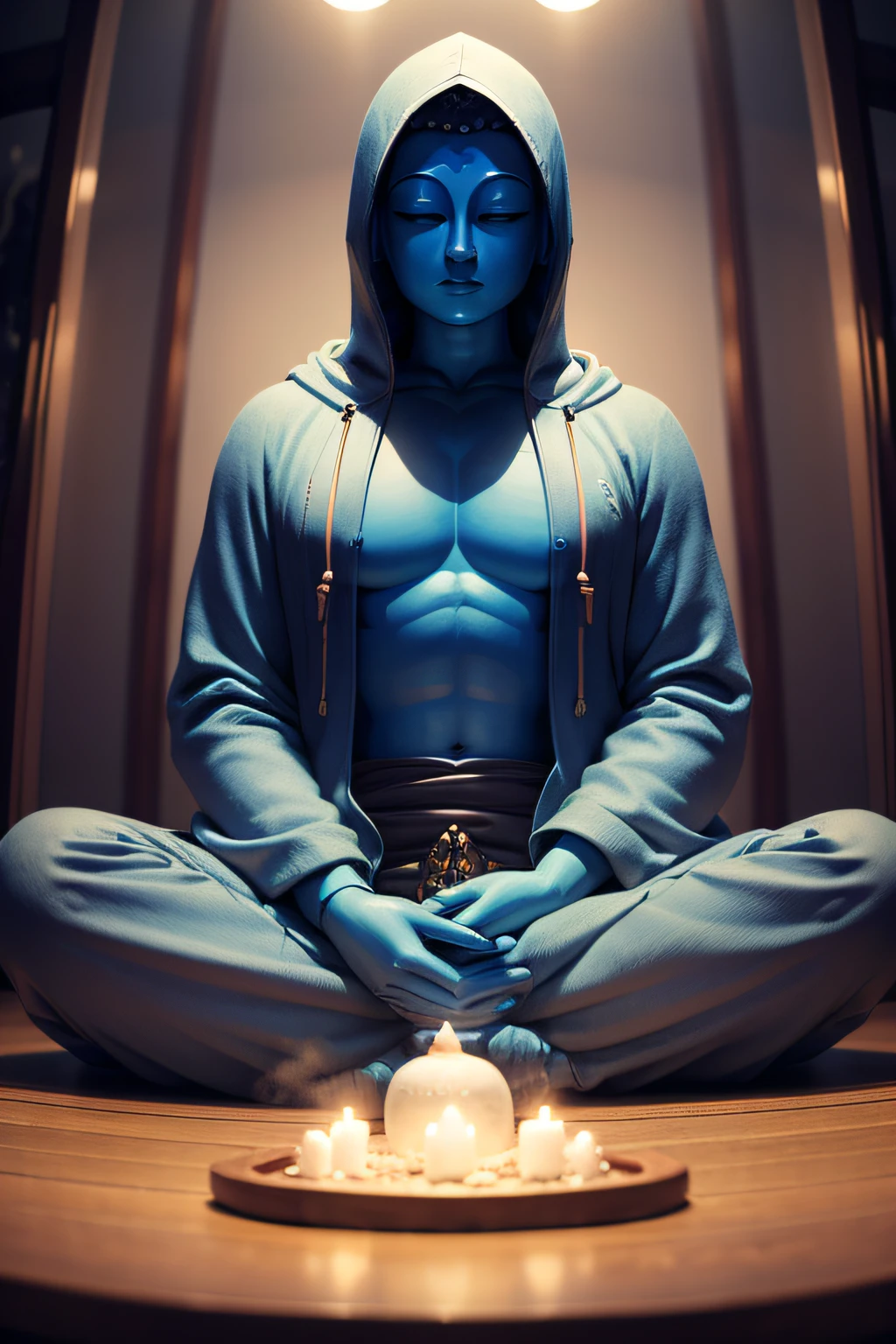 There is a blue Buddha statue facing the front and wearing a hoodie hood,Buddha, the buddha, buddhism, beautiful image,Buddha,Buddha