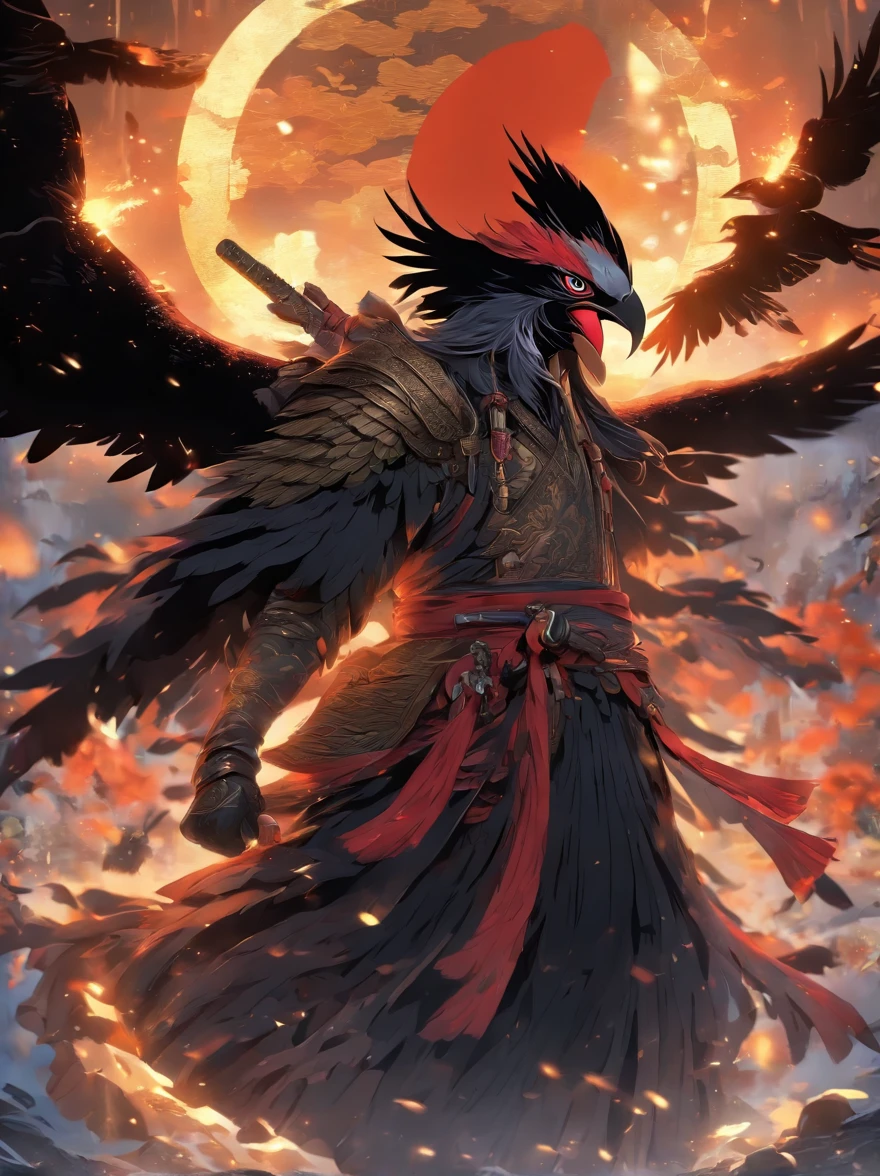 8K分辨率、((top-quality))、((tmasterpiece))、((ultra - detailed)),Raven Tengu, traditional japanese concept art,Chinese mythology,(Anthropomorphic crows),Chinese armor,Black wings,nigh sky,Fight in the air with a spear in hand,