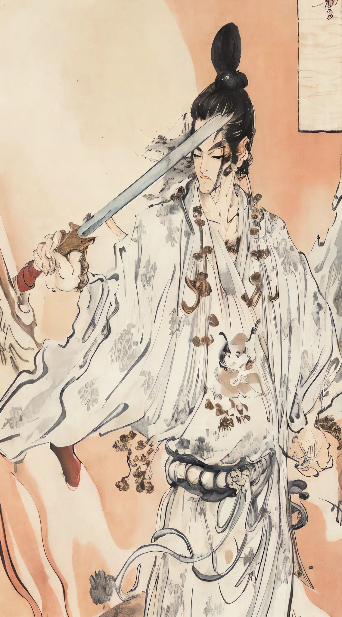 there is a painting of a man holding a sword in his hand, inspired by Kikuchi Yōsai, by Kikuchi Yōsai, inspired by Shunkōsai Hokushū, by Ryūkōsai Jokei, by Eishōsai Chōki, kawanabe kyosai
