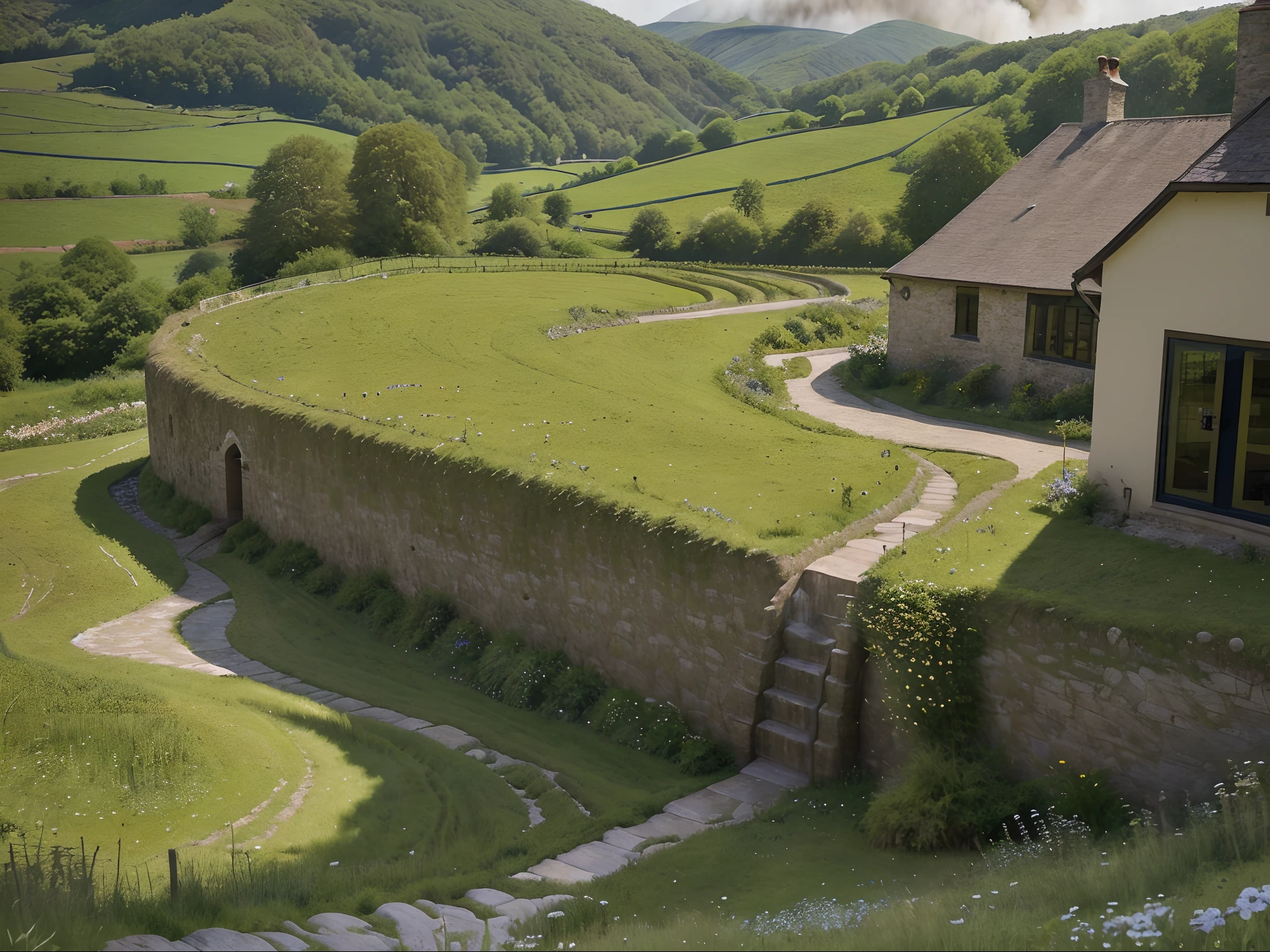 A sweeping expanse of lush green hills stretches out before your eyes, adorned with sun-kissed wildflowers and meandering streams. Nestled amidst this idyllic countryside is a charming brewery, its rustic stone walls blending harmoniously with the natural beauty surrounding it. The image, a vibrant and captivating painting, captures every intricate detail with remarkable precision. From the meticulously crafted stone pathways leading into the brewery to the smoke emerging from its chimney, the image conveys a sense of serene tranquility and evokes a longing for simpler times.