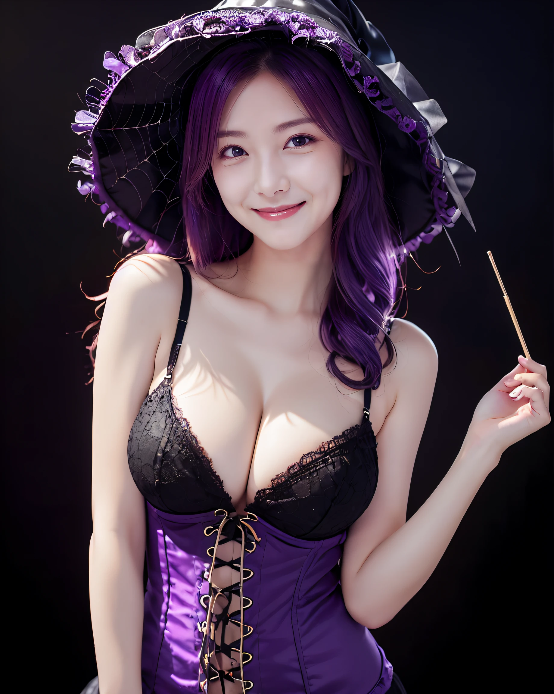 (simple black background:1.5), (Halloween theme:1.3), upper body portrait of a very busty beautiful woman wearing overbust lace corset, ultra detailed embroidery full lacy corset, frilled lacy short skirt:1.3, detailed clothes, (full lacy purple witch hat:1.3), BREAK, (;D1.3, happy evil smile:1.2)), perfect face,perfect eyes,HD details,high details,sharp focus,studio photo,HD makeup,shimmery makeup,celebrity makeup, (bust up image:1.5), ((centered image)) (HD render)Studio portrait,magic, magical, fantasy,(huge breasts)(large breasts),(big breasts),(sagging breasts), wavy curly hair:1.3, (purple hair:1.3), (front view:1.3), from below, low angle,