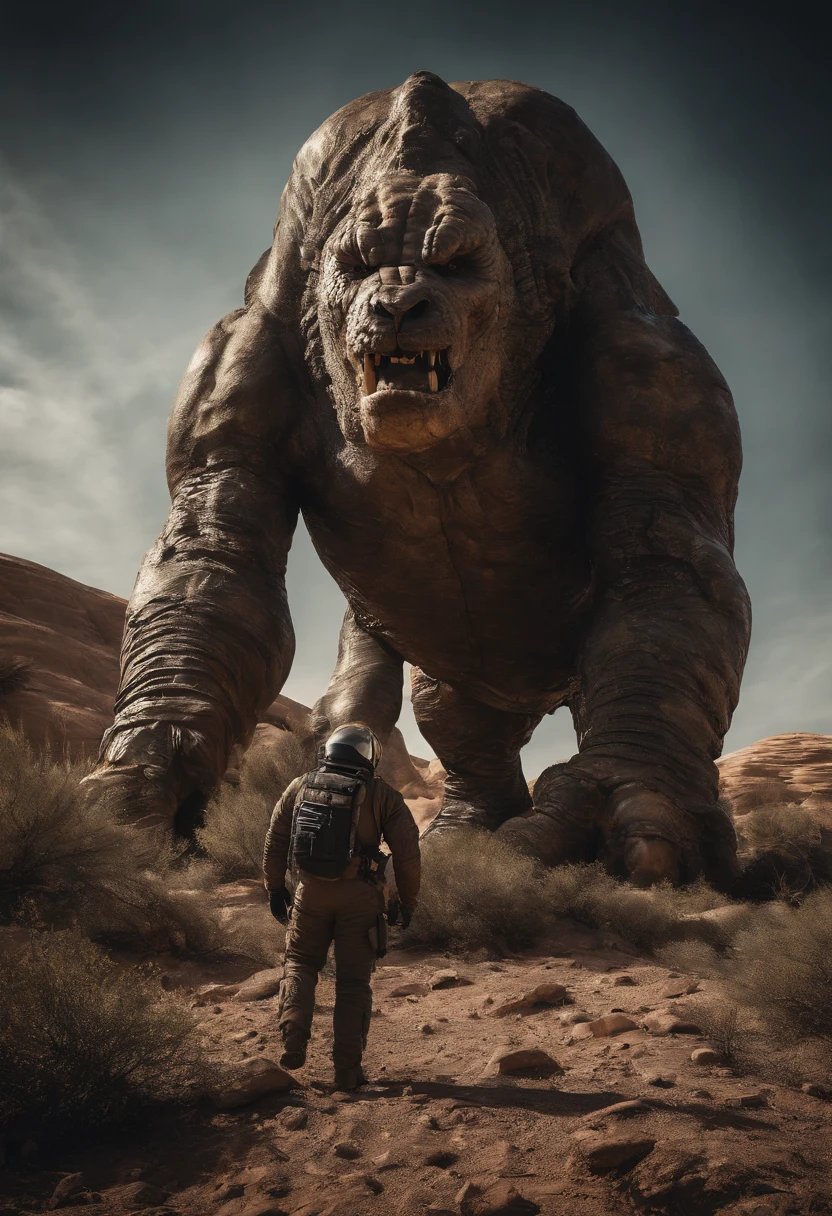 An astronauts back infront of a colossal monster beast in other planet