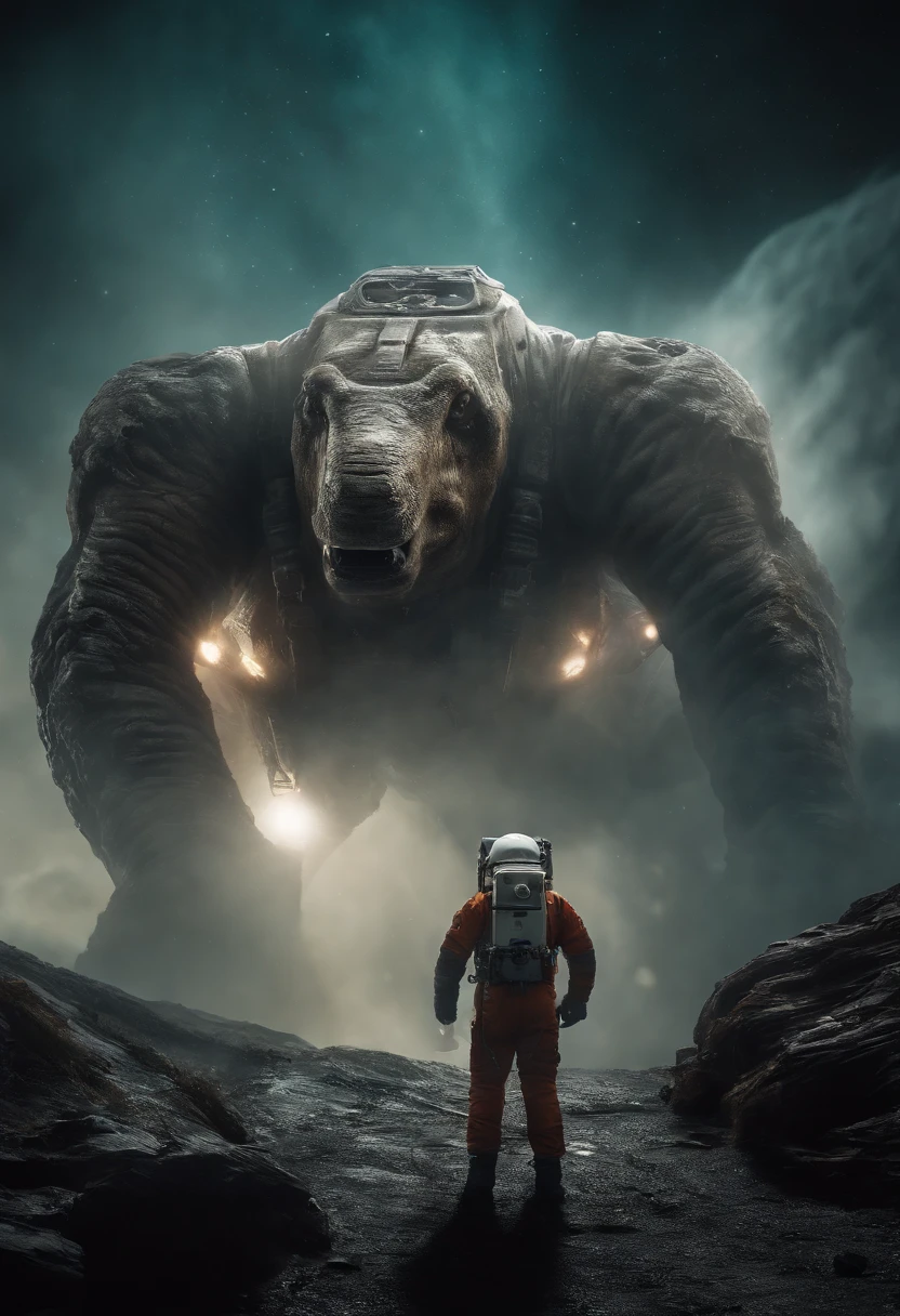 An astronauts back in front of a fierce colossal monster in space