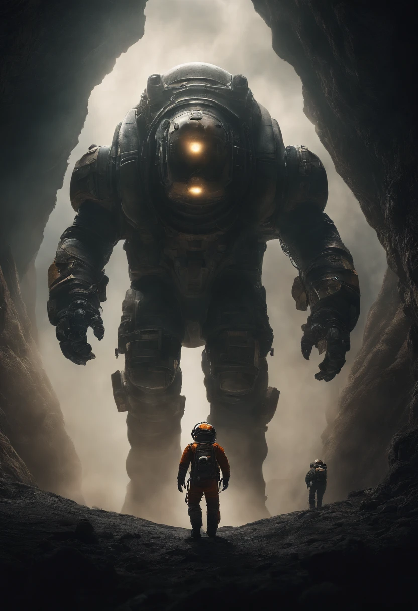 An astronauts back infront of a colossal monster beast in other planet