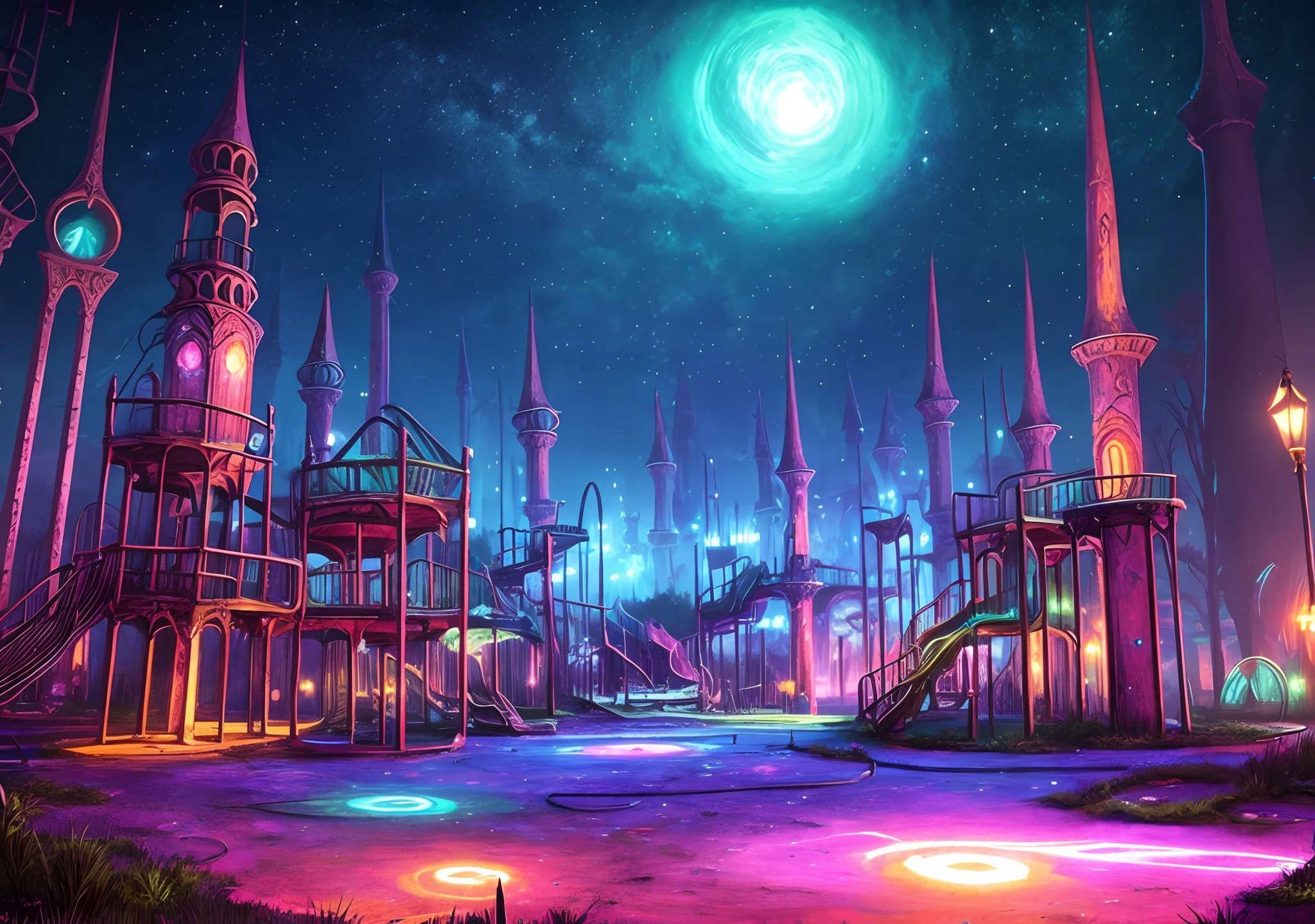 fantasy concept art, psychedelic abandoned playground at night