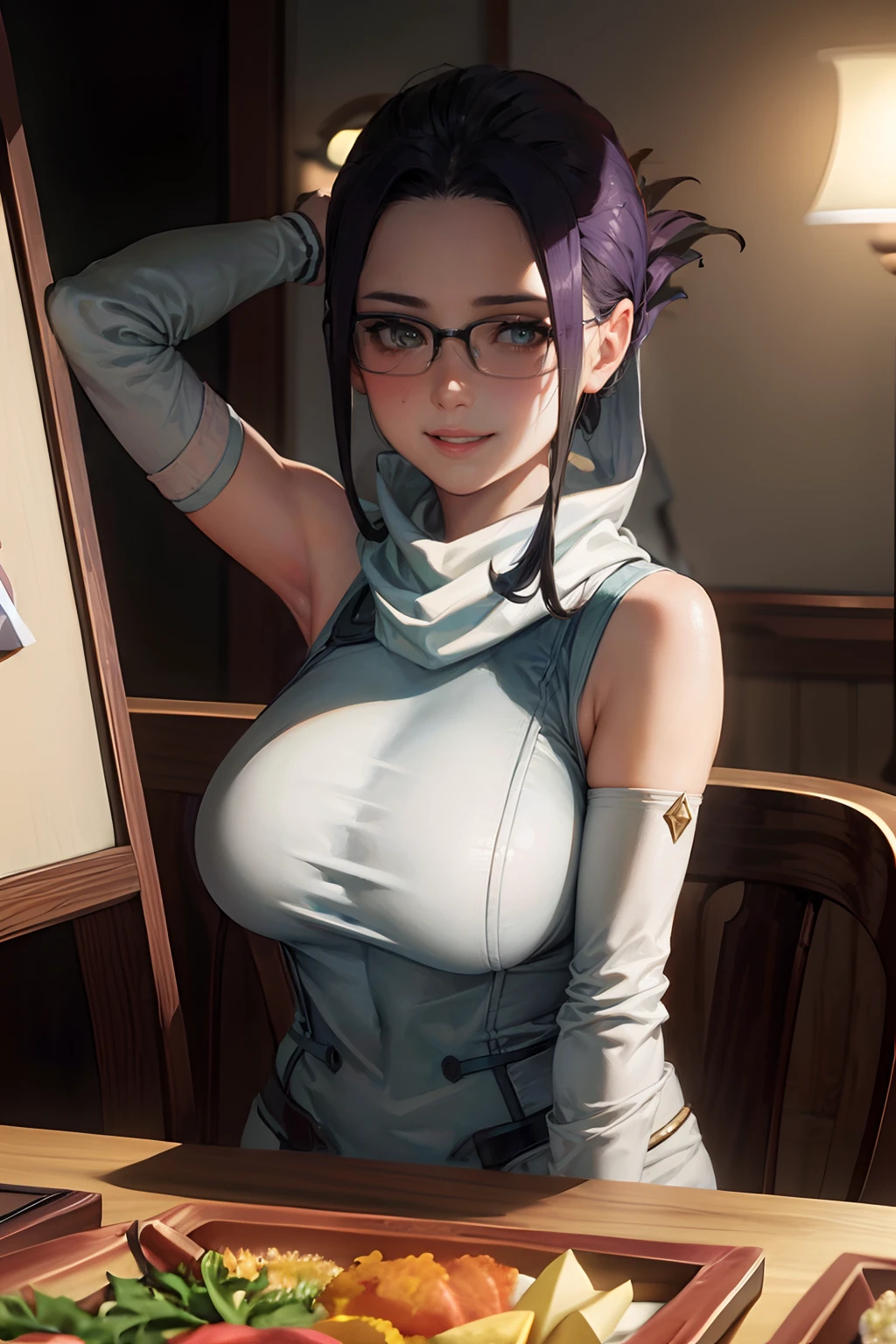 Perfect, masterpiece, (best quality, highres:1.2), 1girl, beautiful detailed eyes, beautiful detailed lips, extremely detailed eyes and face, long eyelashes, medium:oil painting, vivid colors, HDR, studio lighting, ultra-fine painting, sharp focus, physically-based rendering, extreme detail description, portraits, curvy body, big breasts, perfect shape, facing viewer, sweaty, gorgeous, arms up, sleeveless turtleneck, straddling, smiling, ((arm warmer))