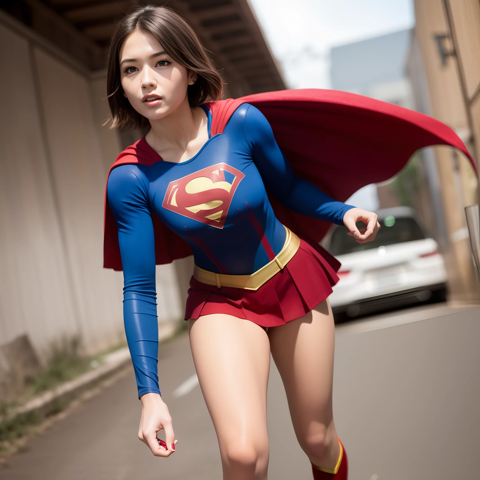 Masterpiece, short-haired Supergirl kicking at camera, barefoot