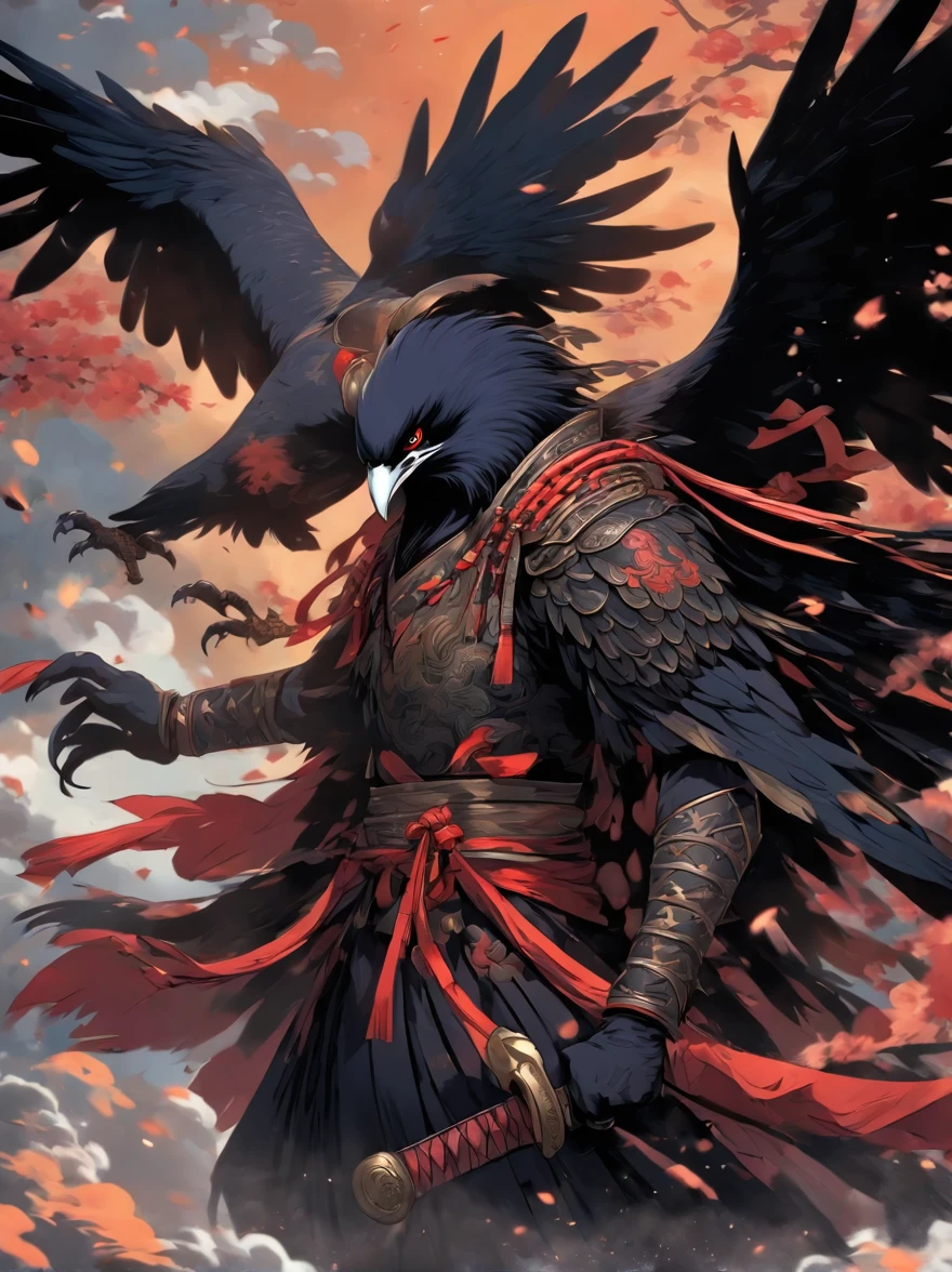 Raven Tengu, traditional japanese concept art,Chinese mythology,(Anthropomorphic crows),Chinese armor,Black wings,nigh sky,Fight in the air with a spear in hand,