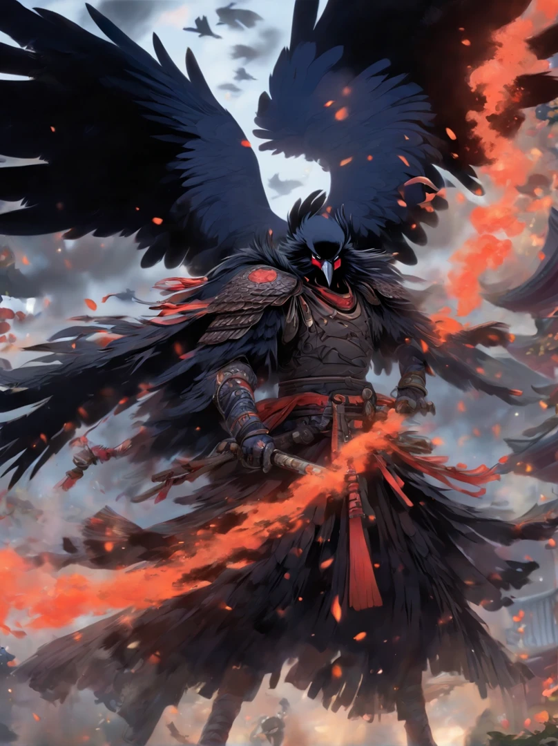 Raven Tengu, traditional japanese concept art，Chinese mythology，（Anthropomorphic crows），Chinese armor，Black wings，nigh sky，Fight in the air with a spear in hand，