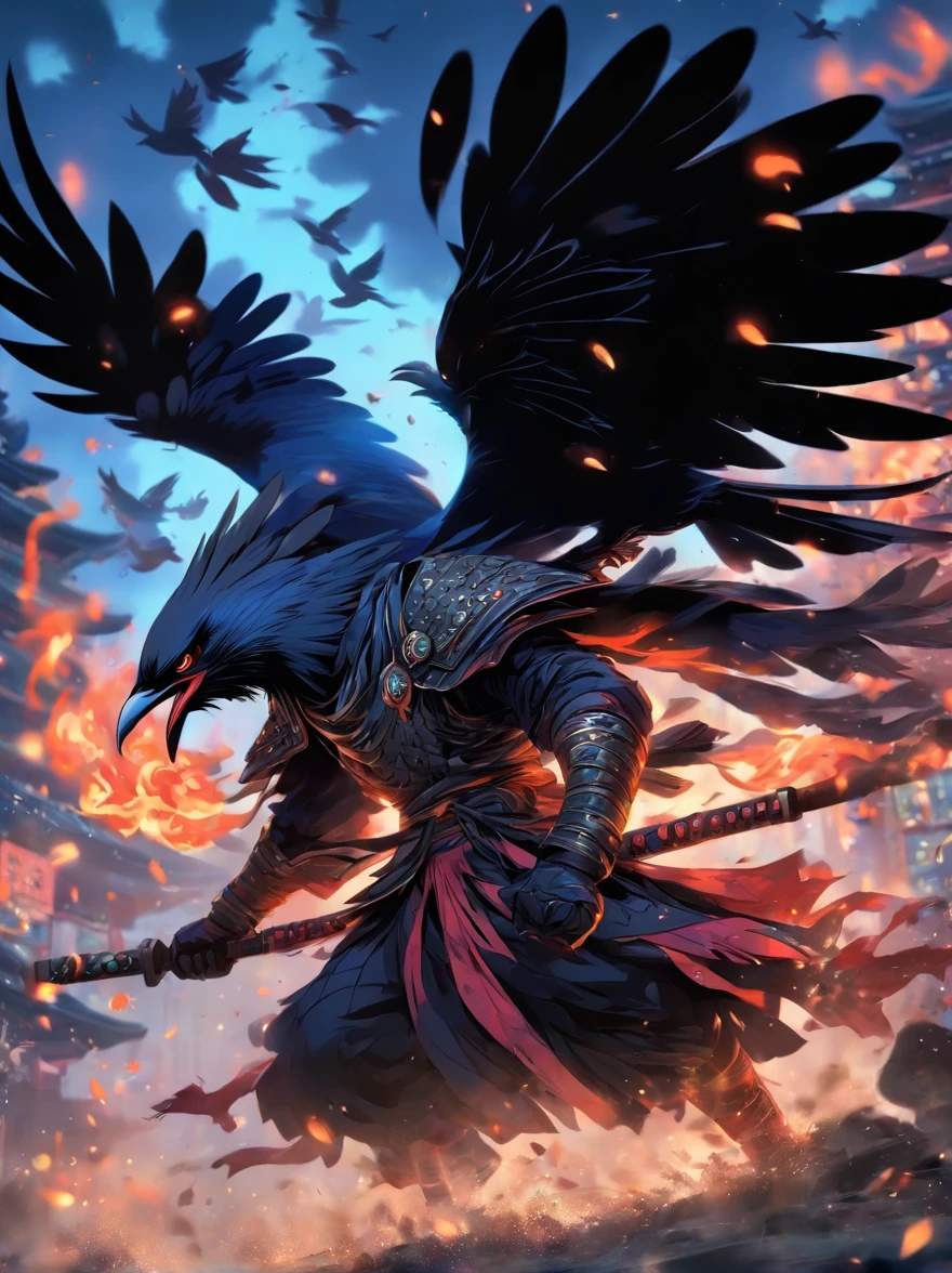 Raven Tengu, traditional japanese concept art,Chinese mythology,(Anthropomorphic crows),Chinese armor,Black wings,nigh sky,Fight in the air with a spear in hand,