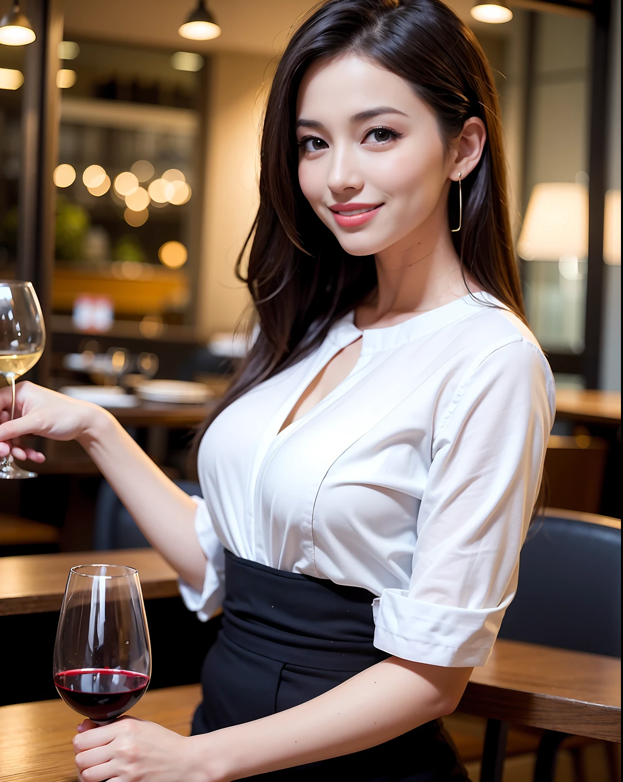 (64K, UHD, top quality, masterpiece: 1.2), (realistic, photorealistic: 1.37), super detailed, pretty woman 1 person, (slim face), (slim body), (brown hair), (short cut), cheeks slightly blushing, (44 years old), 38 years old, solo, beautiful detailed urban night view outside the window, restaurant, wine glasses sit, at night, in a prominent placeNovaFrogStyle, Actress, Model, Waist Up, White Wine, Slim, Wine Glass, Super Clean Night View, Wine Glass Put in the Middle, Happy Smile, (Smile: 1.15), Beautiful Fine Eyes, Upper Body, Bust Japan Up, Night, Short, Short, Actress, Model, Waist Up, White Wine, Slim, Wine Glass, Super Clean Night View, Wine Glass Put in the Middle, Happy Smile,