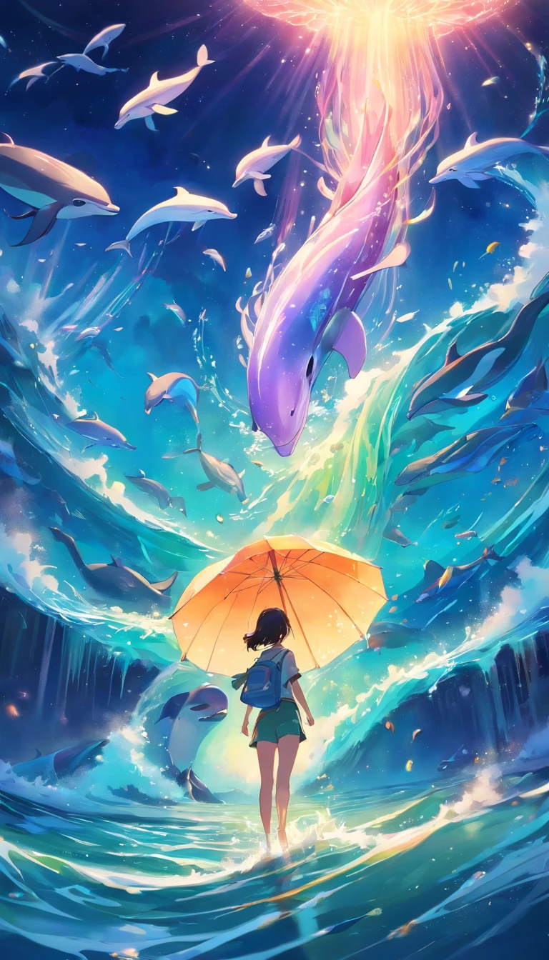 Dimly lit night sky, aurora borealis, swimming dolphin painting, Look up at the composition, Jellyfish and whales in the sky, inspired by Cyril Rolando, a beautiful artwork illustration, Authors：Sitao, colorful concept art, Makoto Shinkai Cyrillo Roland, in style of cyril rolando, flying whales, Highly detailed watercolor in 8K, highly detailed watercolor 8 K，octane，The End，Realistic，8K，Shinkai Makoto style( Reasonable design, ligne claire, High- sharpness,Best Quality, Very detailed, Master Parts, Movie Light Effects, 4K )