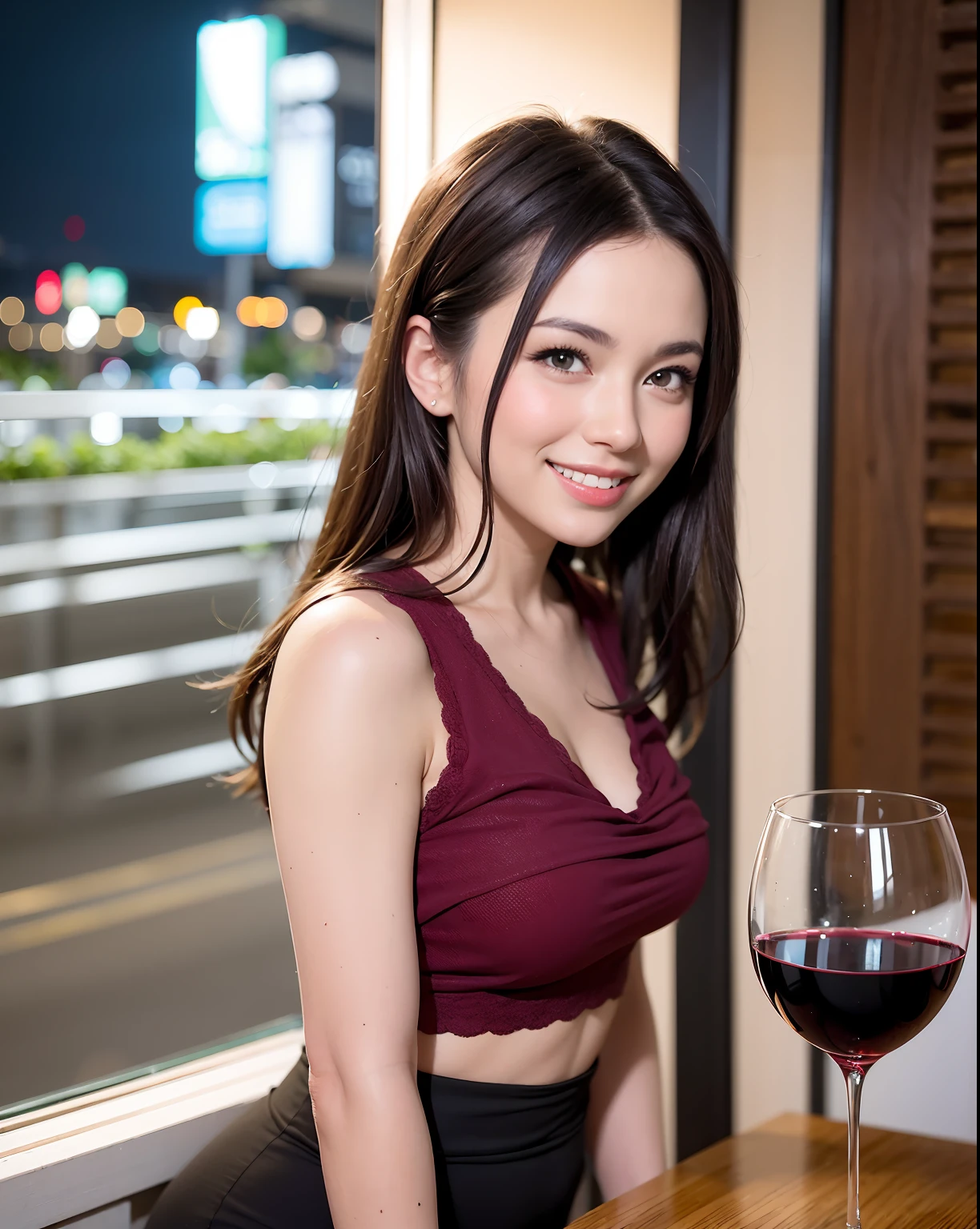 (64K, UHD, top quality, masterpiece: 1.2), (realistic, photorealistic: 1.37), super detailed, pretty woman 1 person, (slim face), (slim body), (brown hair), (short cut), cheeks slightly blushing, (44 years old), 38 years old, solo, beautiful detailed urban night view outside the window, restaurant, wine glasses sit, at night, in a prominent placeNovaFrogStyle, Actress, Model, Waist Up, White Wine, Slim, Wine Glass, Super Clean Night View, Wine Glass Put in the Middle, Happy Smile, (Smile: 1.15), Beautiful Fine Eyes, Upper Body, Bust Japan Up, Night, Short, Short, Actress, Model, Waist Up, White Wine, Slim, Wine Glass, Super Clean Night View, Wine Glass Put in the Middle, Happy Smile,