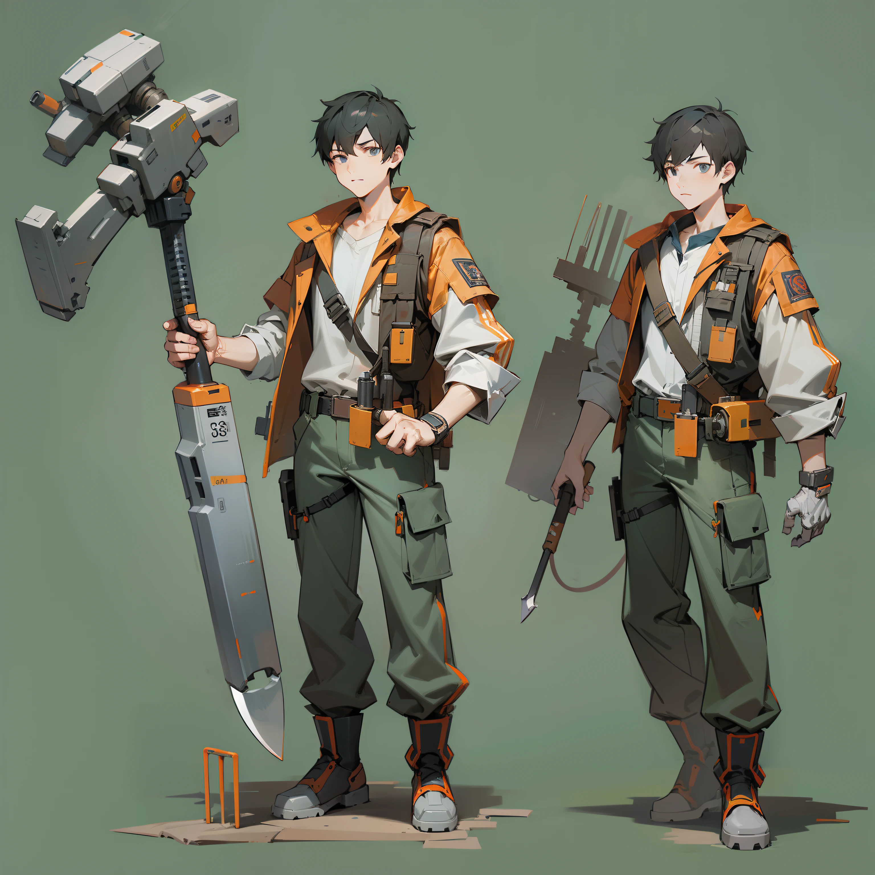 Mechanical engineer man,Full-body image、without background、Plain background、Clothes are dirty from maintenance、Have the tools、Rough image、Game Character、Holding weapons、1 persons