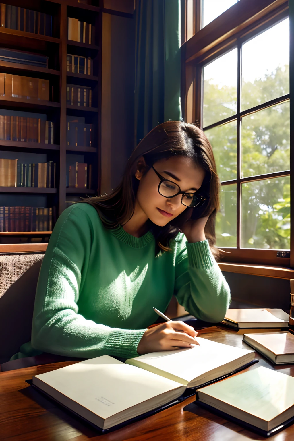 (highres:1.2),detailed girl studying in library,books,notebooks,pencils,reading glasses,curious eyes,concentration,peaceful atmosphere,soft lighting,wooden bookshelves,comfortable chairs,cozy corner,stacks of books,organized desk,laptop on the table,with sunlight pouring in through the large windows,quiet ambience,silence broken only by turning pages,calm and focused environment,serene surroundings,vibrant green plants,deep thinkers,inspiration,endless knowledge,deep in thought,enclosed space filled with wisdom,and the smell of books lingering in the air,studying hard for a bright future.