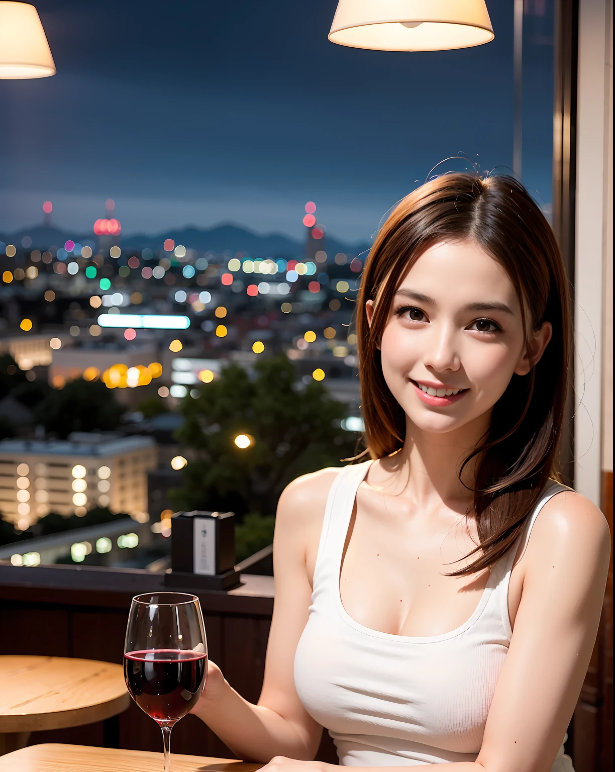 (64K, UHD, top quality, masterpiece: 1.2), (realistic, photorealistic: 1.37), super detailed, pretty woman 1 person, (slim face), (slim body), (brown hair), (short cut), cheeks slightly blushing, (44 years old), 38 years old, solo, beautiful detailed urban night view outside the window, restaurant, wine glasses sit, at night, in a prominent placeNovaFrogStyle, Actress, Model, Waist Up, White Wine, Slim, Wine Glass, Super Clean Night View, Wine Glass Put in the Middle, Happy Smile, (Smile: 1.15), Beautiful Fine Eyes, Upper Body, Bust Japan Up, Night, Short, Short, Actress, Model, Waist Up, White Wine, Slim, Wine Glass, Super Clean Night View, Wine Glass Put in the Middle, Happy Smile,