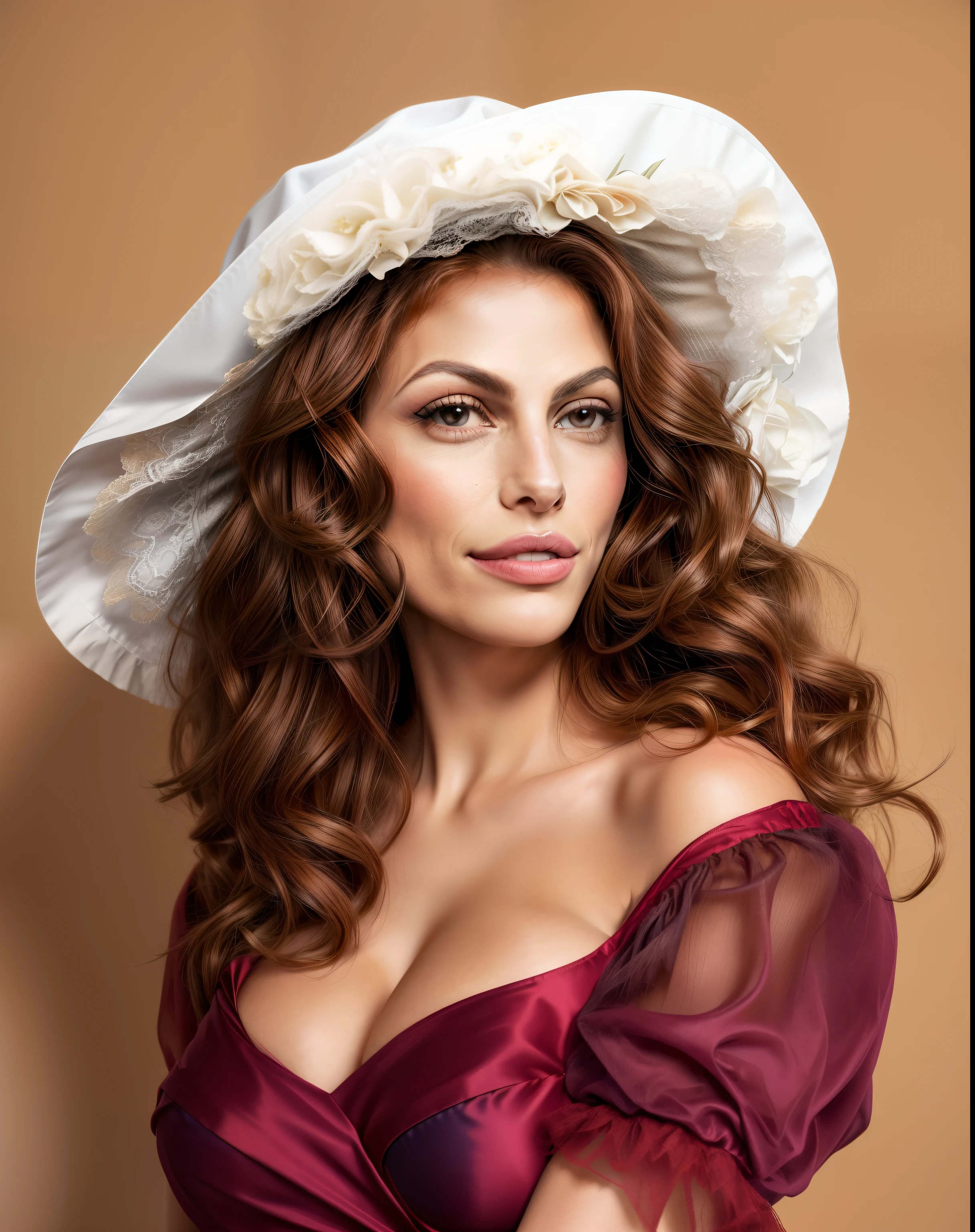 realistisches Farbfoto einer Frau (Eva Mendes) mit roten Haaren und blauem Kleid, Portrait Art, satte, tiefe Farben, beautiful portrait, gorgeous woman, das Kleid hat einen sehr tiefen Ausschnitt, the woman has a seductive light smile on her face, 8k, Hasselblad