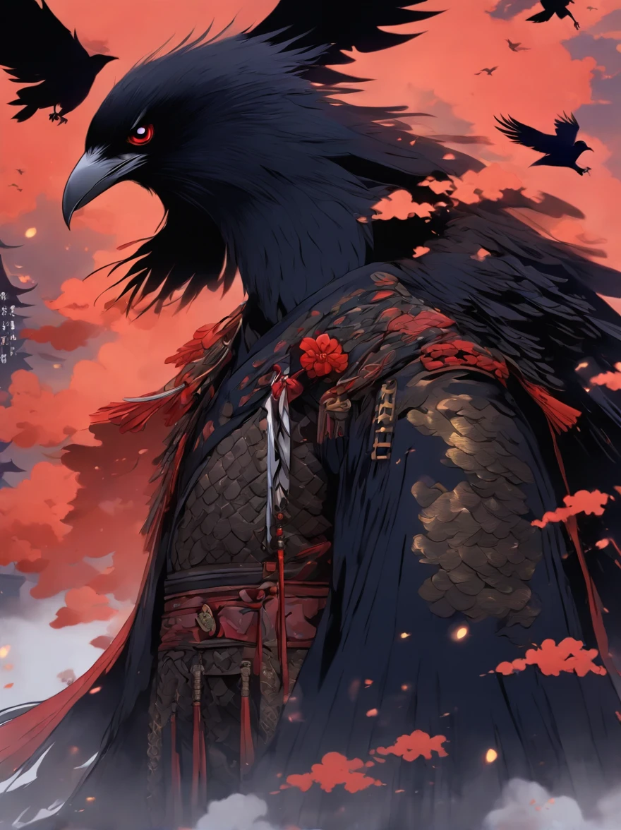 Raven Tengu, traditional japanese concept art，Chinese mythology，（Anthropomorphic crows），Chinese armor，Black wings，nigh sky，Fly in the night sky with a spear in hand，