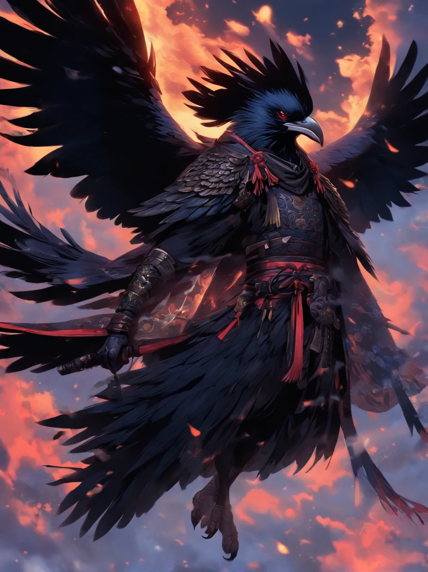 Raven Tengu, traditional japanese concept art,Chinese mythology,(Anthropomorphic crows),Chinese armor,Black wings,nigh sky,Fly in the night sky with a spear in hand,